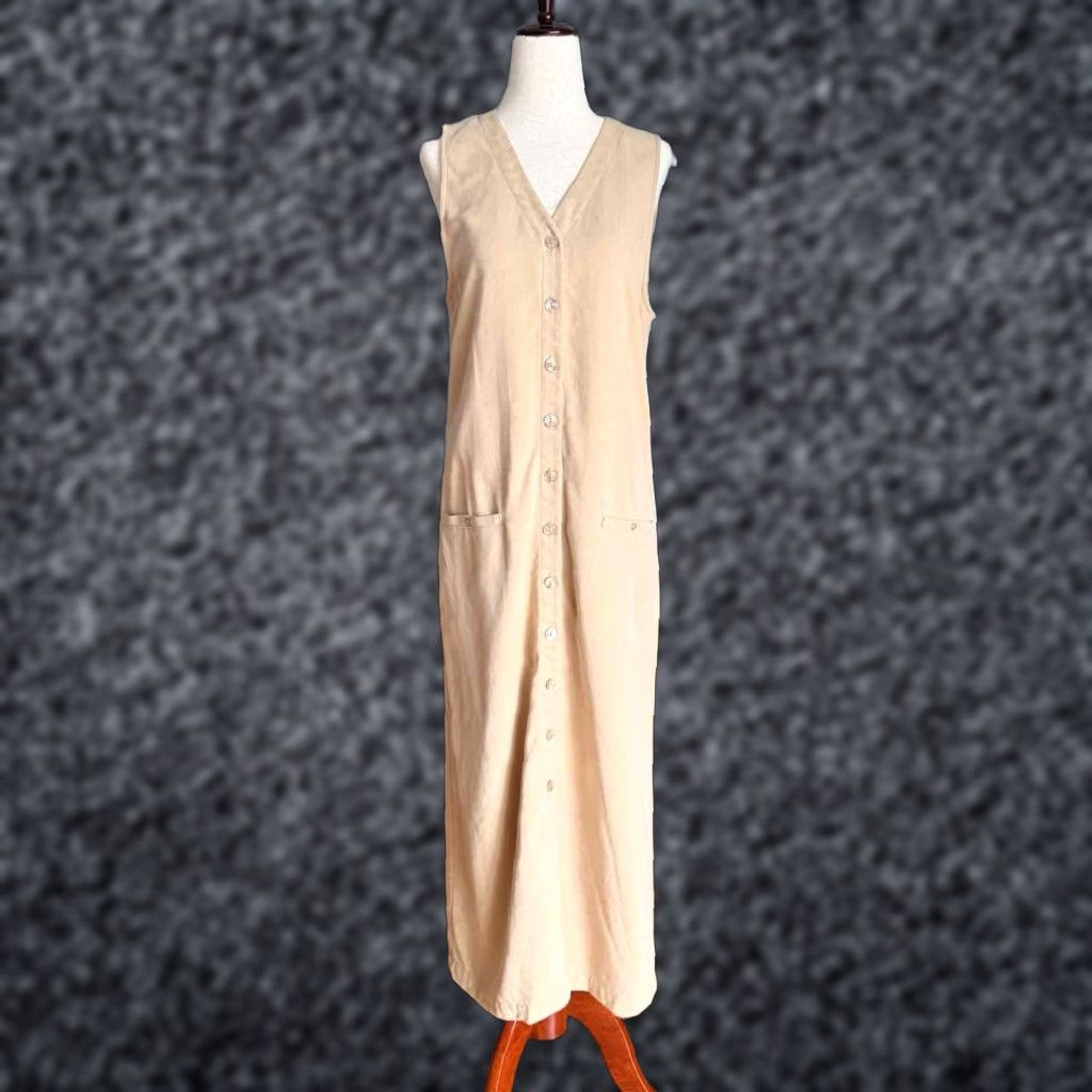 Talbots VINTAGE Talbots Linen Blend Button Front V-Neck Sleeveless Midi Maxi Dress Beige 4P Women Petite 90s 47.5” Size S / US 4 / IT 40 - 1 Thumbnail