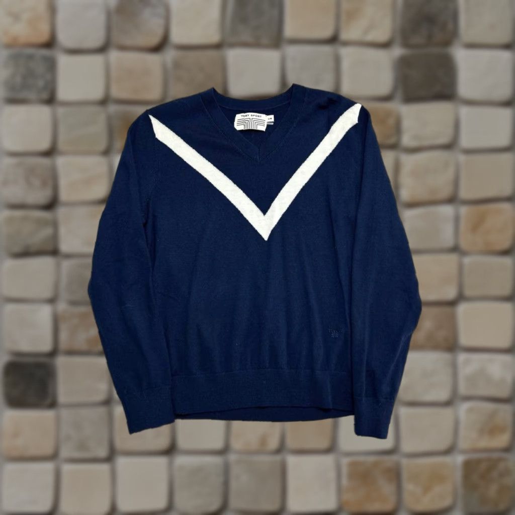 Tory Burch Tory Burch Wool Pullover Sweater Womens Large Blue V-Neck Raglan Sleeve Knit Trim Cozy Pullover Casual Vintage N/A Size L / US 10 / IT 46 - 1 Thumbnail