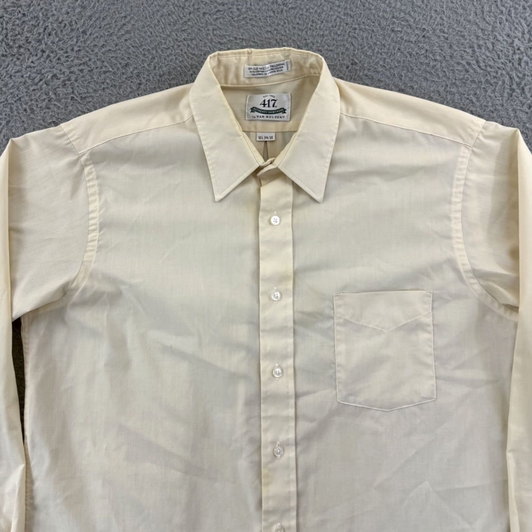 Van Heusen VINTAGE Van Heusen 417 Shirt Mens Ivory Blue Striped Button-Down Long Sleeve 90s Dress Shirt Size US L / EU 52-54 / 3 - 3 Thumbnail