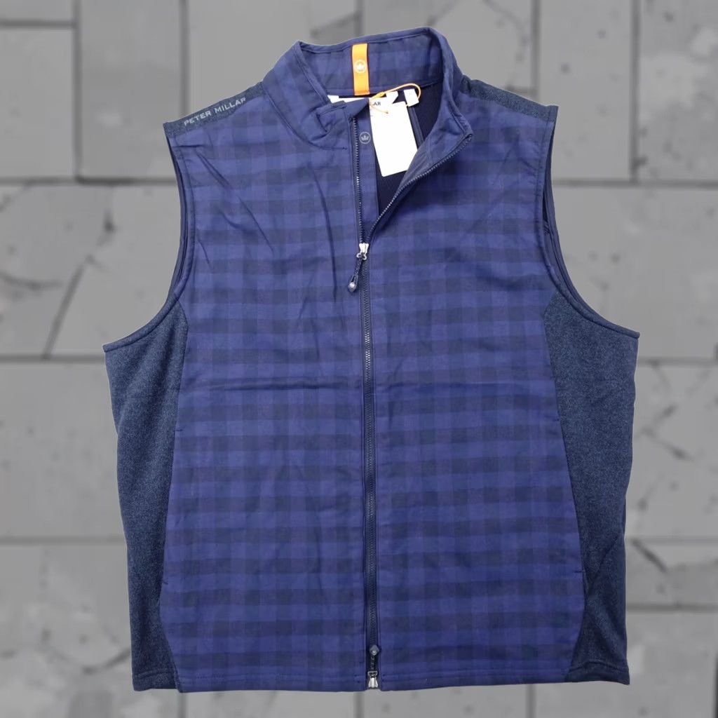 Peter Millar Peter Millar Fuse Elite Performance Flannel Vest Full Zip Navy Mens Size L Plaid Wind-Resistant Breathable Zipped Pockets Golf Fall Winter Size US L / EU 52-54 / 3 - 1 Thumbnail