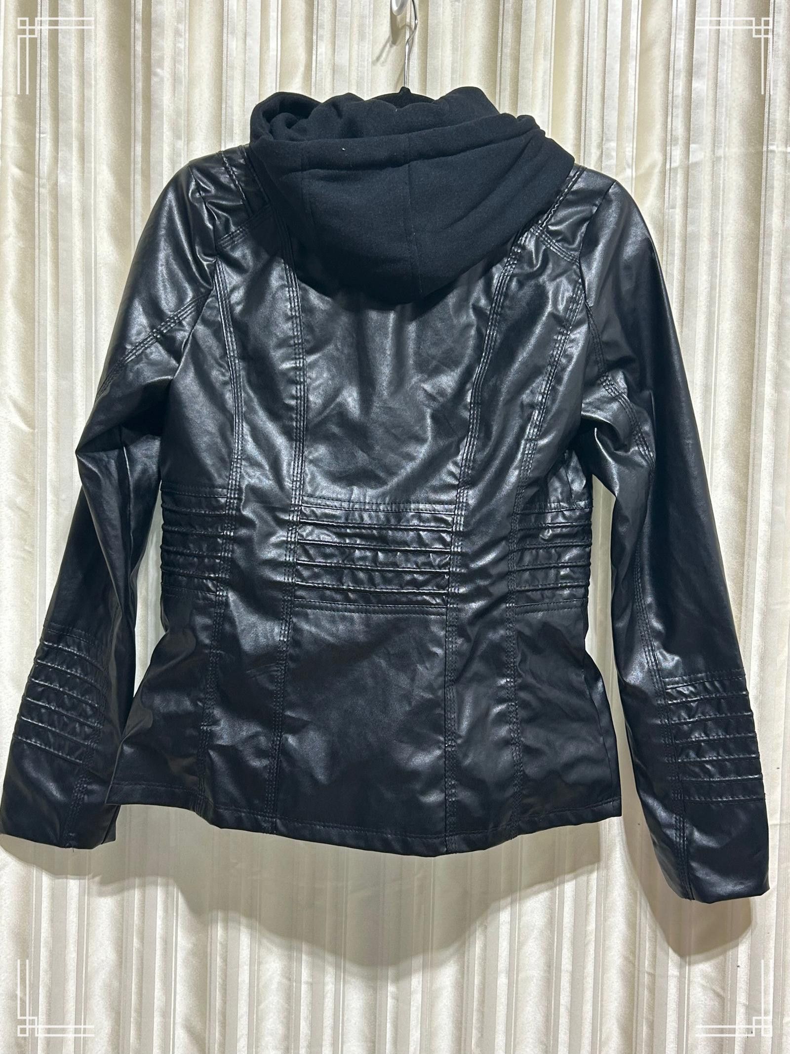 Designer Black Faux Leather Jacket with Detachable Hoodie Insert, S Size S / US 4 / IT 40 - 4 Thumbnail