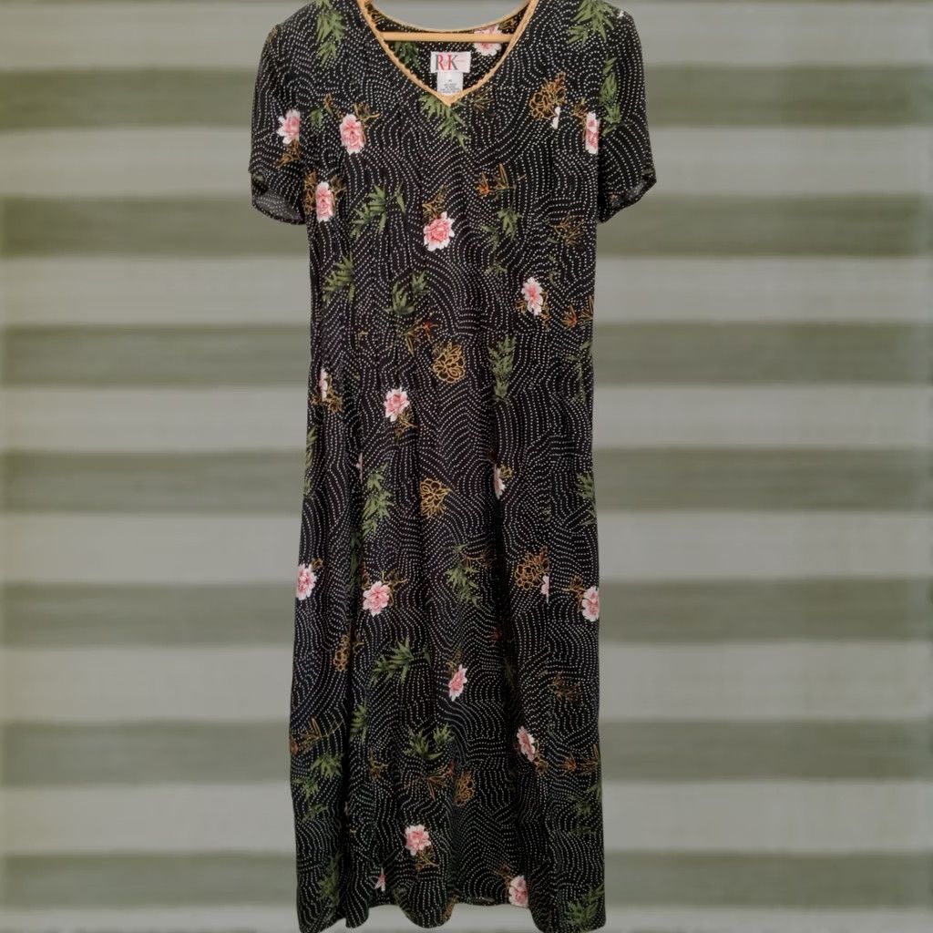 Vintage VINTAGE R&K Originals Dress Maxi Women 1990s Polka Dot Black Pink Floral Rayon 50" Long Size L / US 10 / IT 46 - 1 Thumbnail