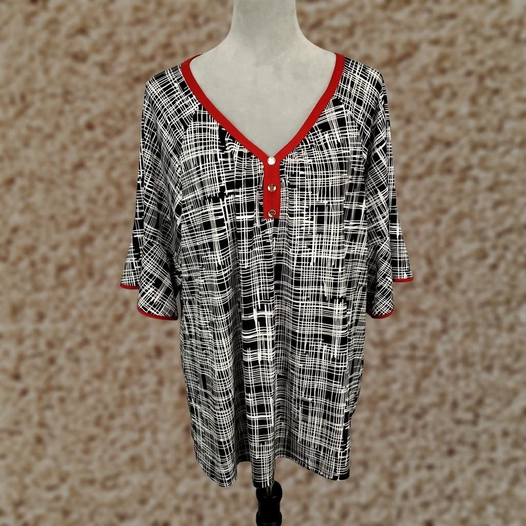 Bell Womens 2X Artsy Top Black White Geometric Red Trimmed V Neck Bell Flutter Sleeve Shirt Blouse Liz McCoy Size XXL / US 16-18 / IT 52-54 - 1 Thumbnail