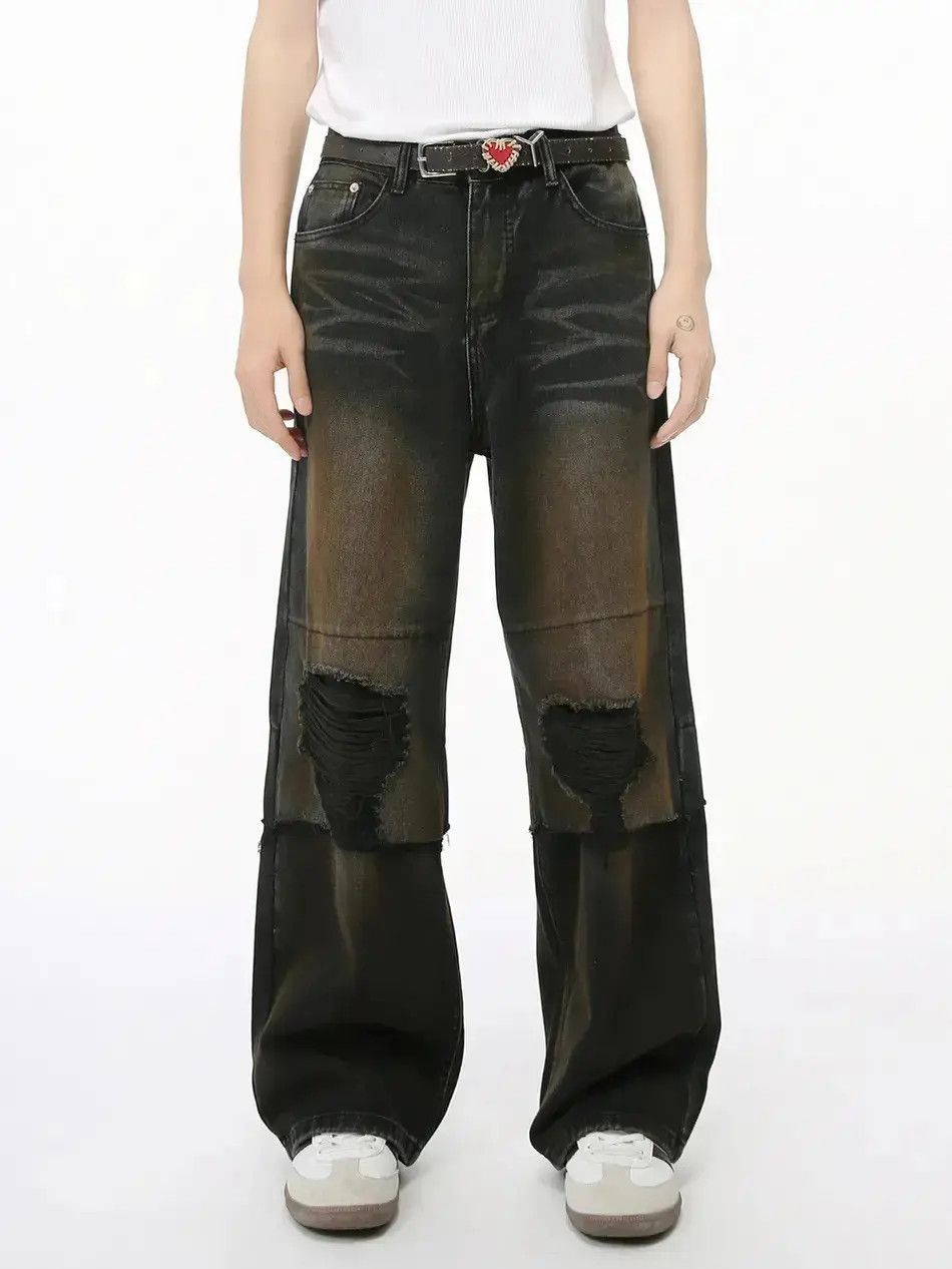 Japanese Brand Retro loose straight leg ripped jeans Size US 32 / EU 48 - 1 Thumbnail