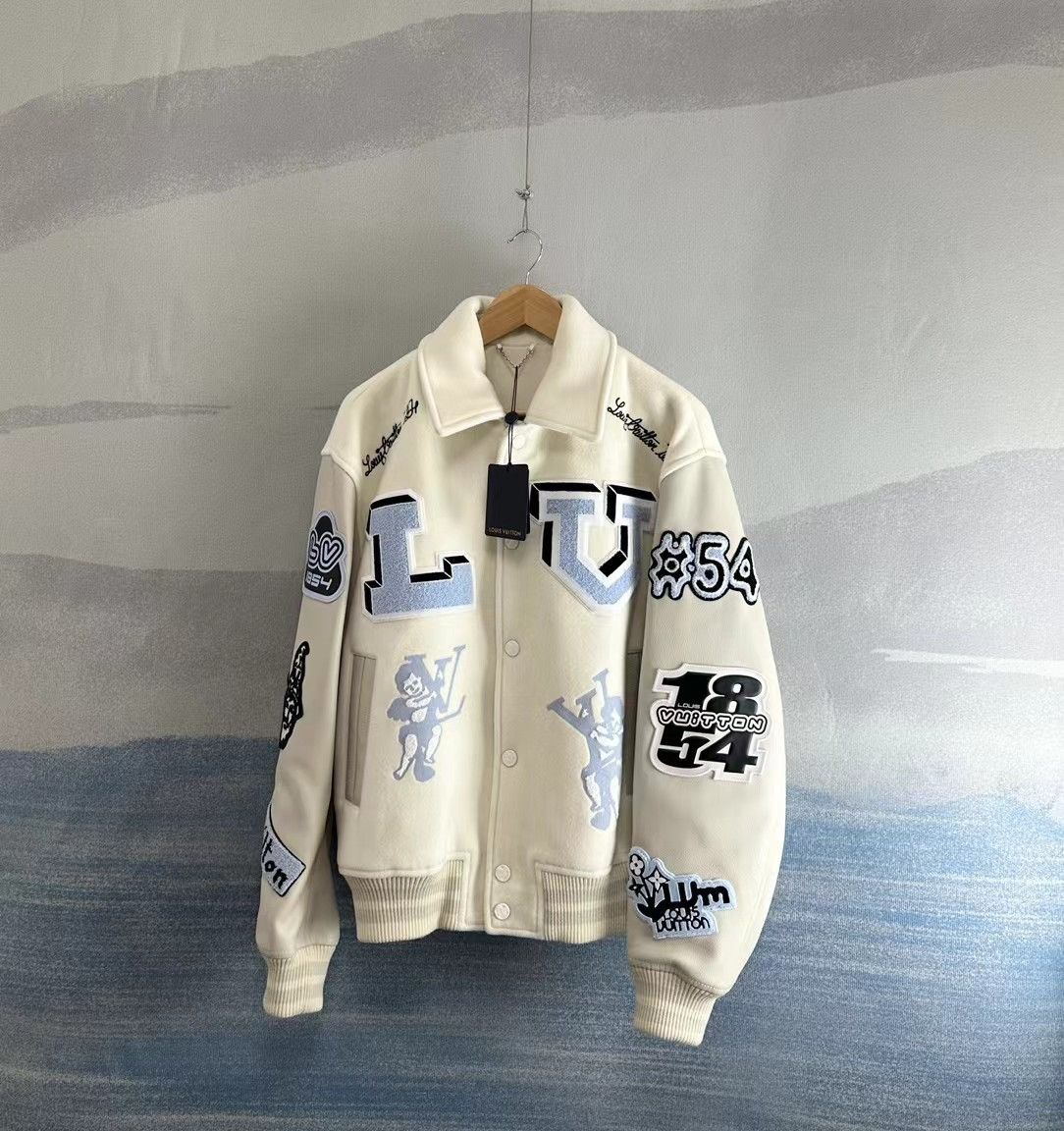 image of Louis Vuitton x Virgil Abloh Multi-Patches Mixed Leather Varsity Blouson in Beige (Size Medium)