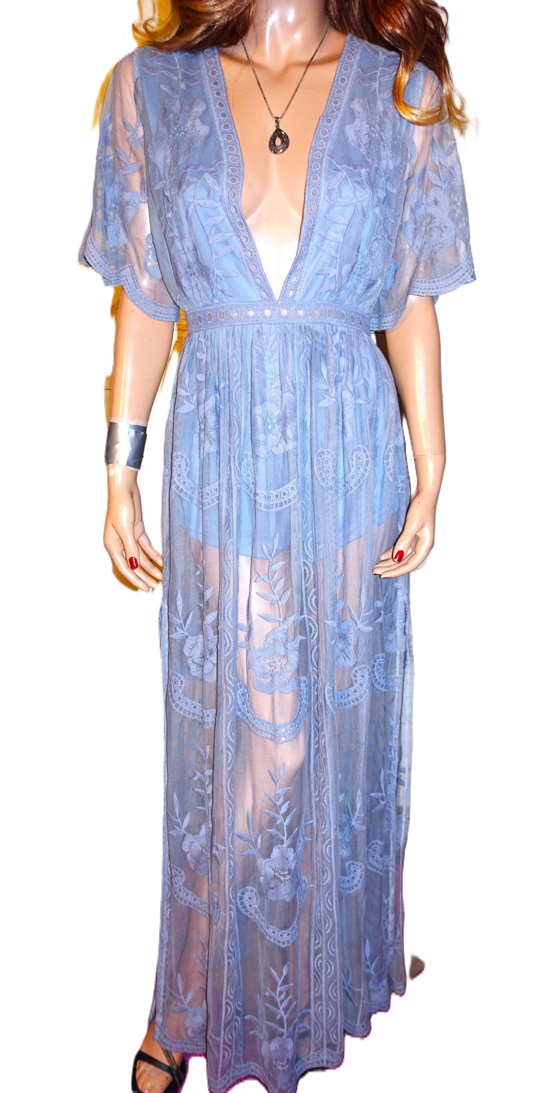 Other Promesa Blue Gray Sheer Embroidered Romper Dress S Size S / US 4 / IT 40 - 8 Thumbnail