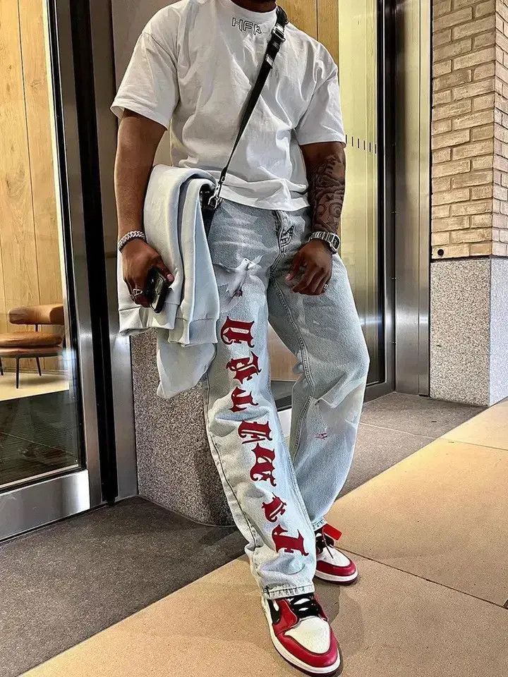 Japanese Brand Printed Buggy Jeans made of frayed denim casual straight Y2K Size US 34 / EU 50 - 5 Thumbnail