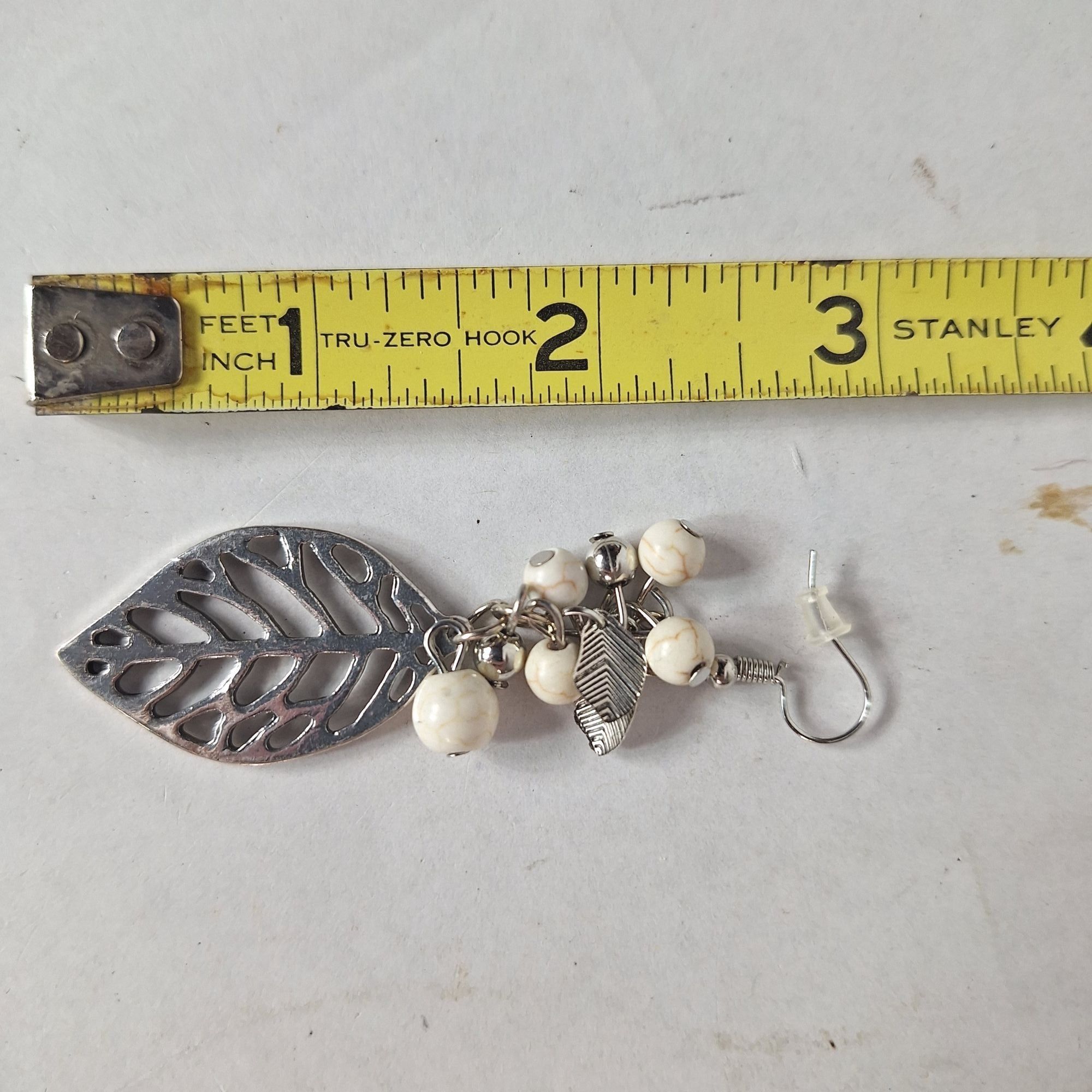 Other Boho Silver Leaf Dangle Earrings White Marble Bead Botanical Size ONE SIZE - 3 Thumbnail
