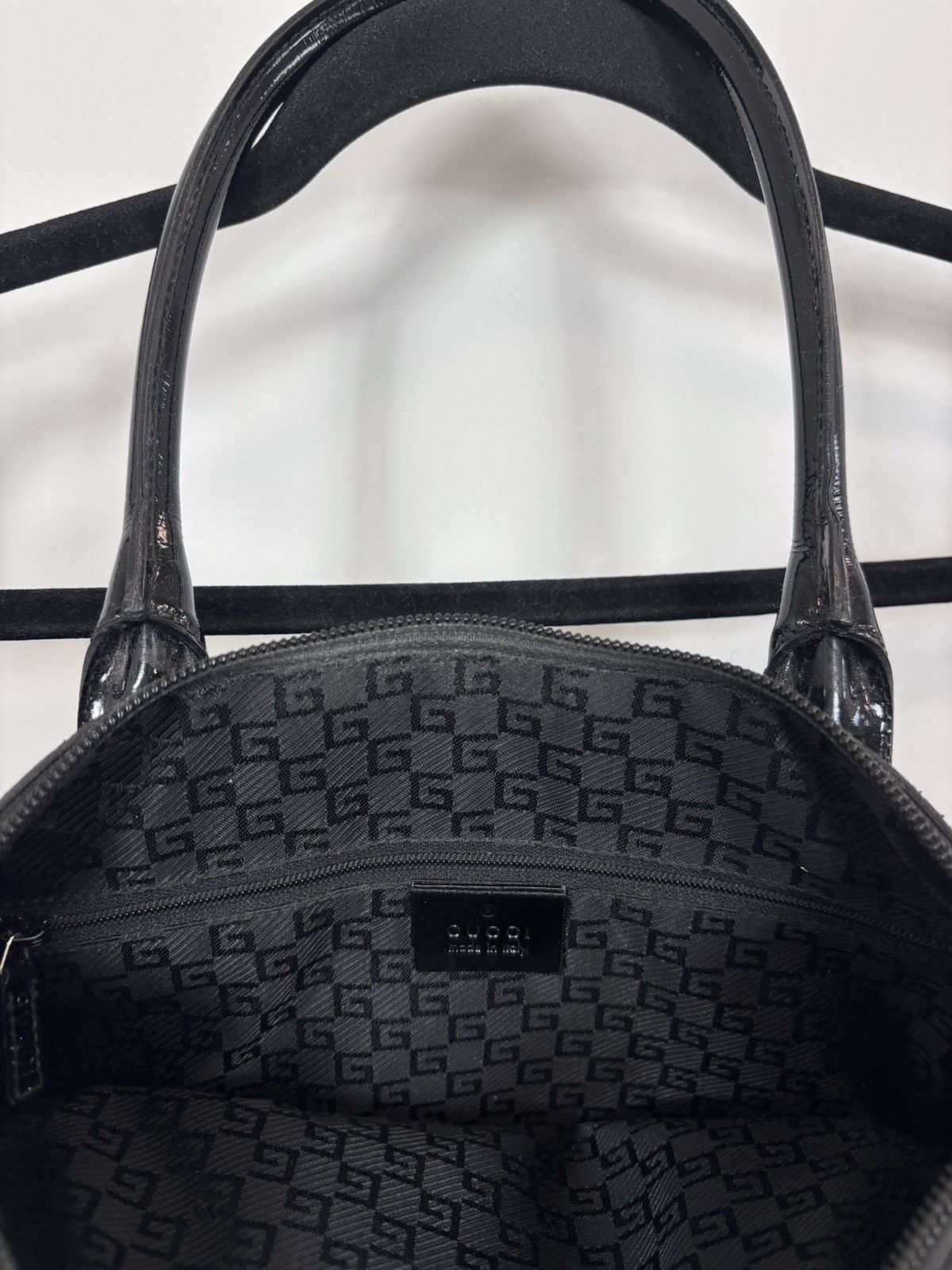 Gucci Gucci Canvas Patent Leather Gray Black Shoulder Handle Bag Size ONE SIZE - 13 Thumbnail