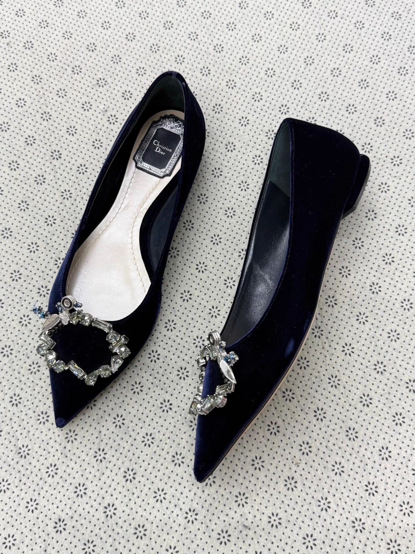 Dior Dior Navy Velvet Pointed Rhinestone Buckle Flat38 Size US 7 / IT 37 - 3 Thumbnail