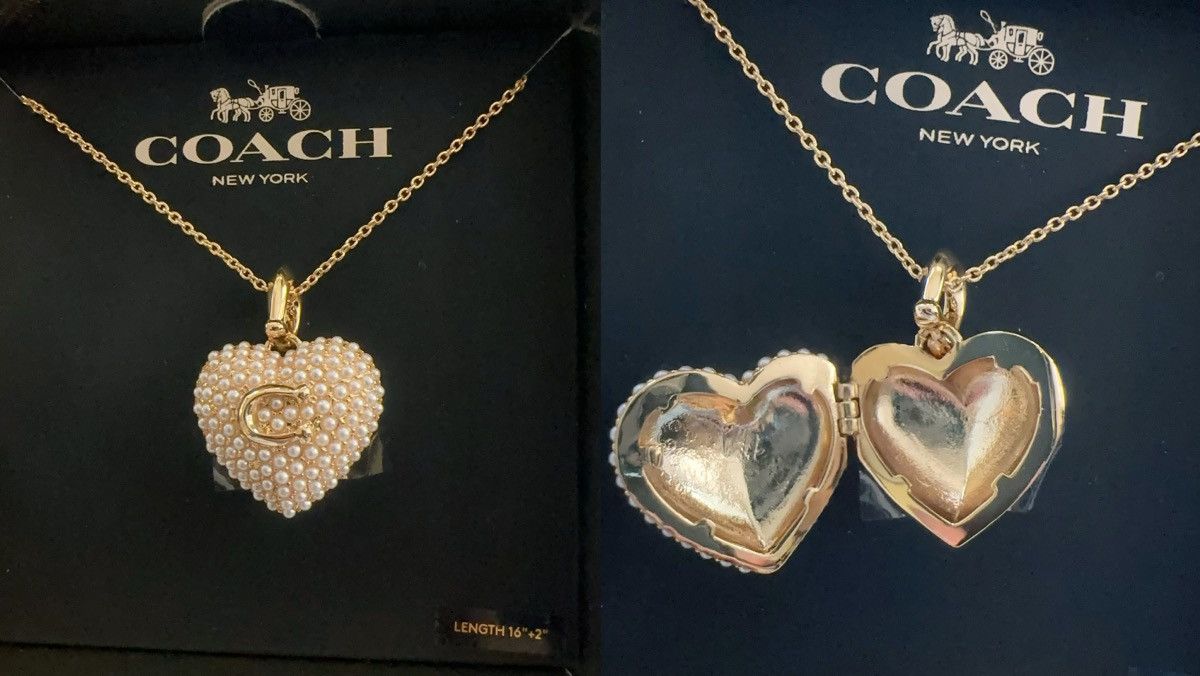 COACH Signature Pearls Paved Heart Locket Pendant Necklac