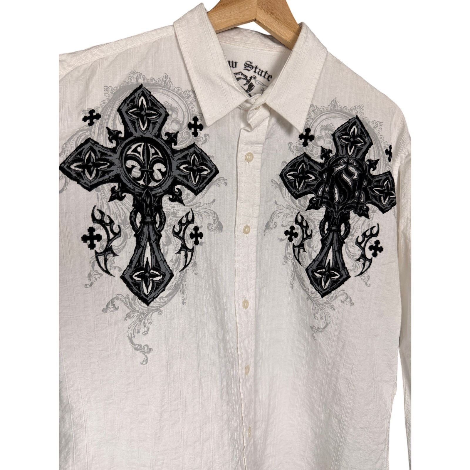 Raw State Vtg Y2K Raw State Velvet Cross White L/S Button Down Shirt Size US XL / EU 56 / 4 - 3 Thumbnail