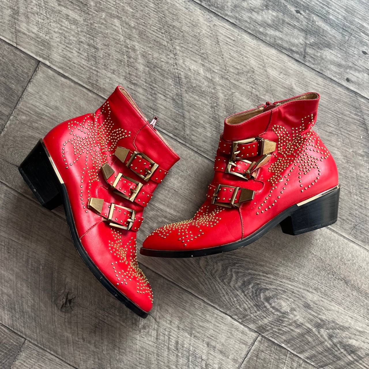Chloe Chloé Red Studded Buckle Western Ankle Boots Pointed Toe Size US 7 / IT 37 - 1 Thumbnail