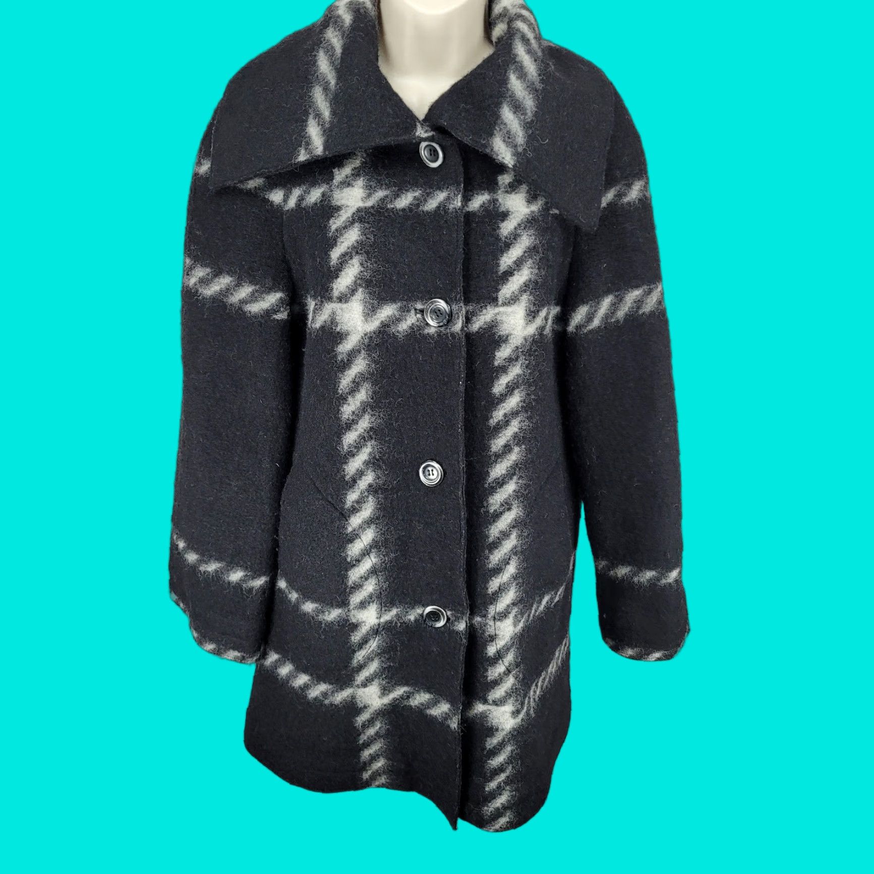 Vintage VINTAGE Hilary Radley Black Check Wool Blend Collared Buttoned Lined Over Coat PS Women Coat Size S / US 4 / IT 40 - 1 Thumbnail