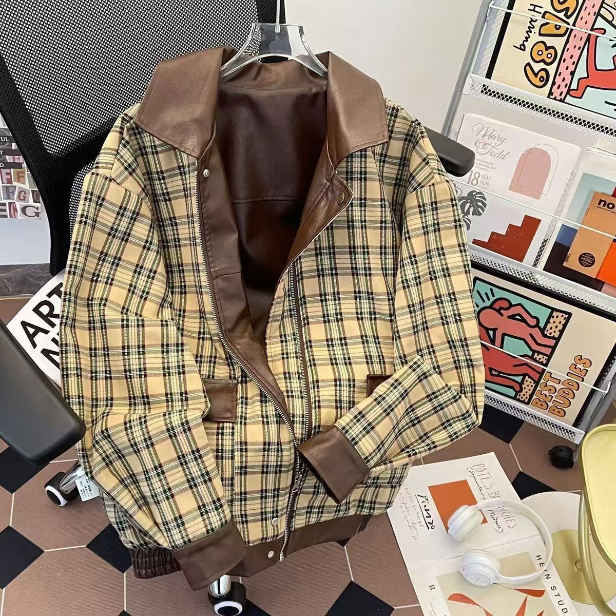 Vintage Plaid Bomber Jacket with Brown Leather Collar Size US M / EU 48-50 / 2 - 2 Thumbnail
