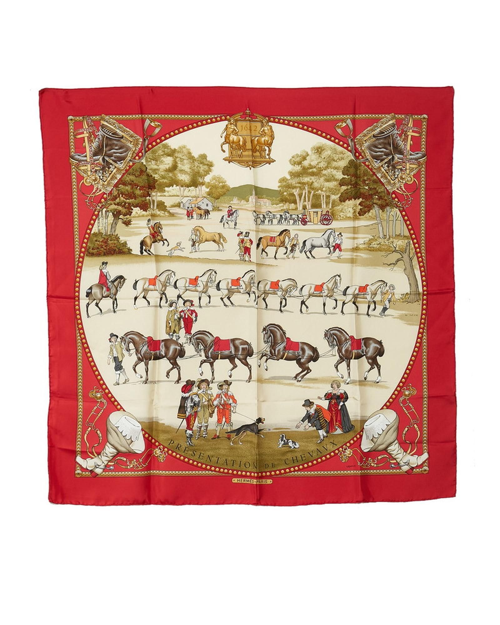 image of Hermes Horse Design Silk Scarf in Red, Women's