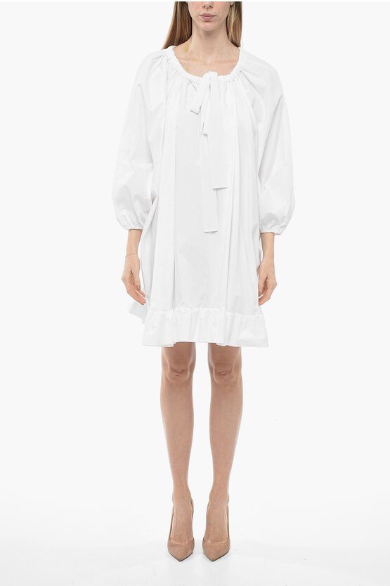 Image of Patou Popeline Shirt Dress With Drawstringed Neck And Bat-Wing Sle in White, Women's (Size XS)