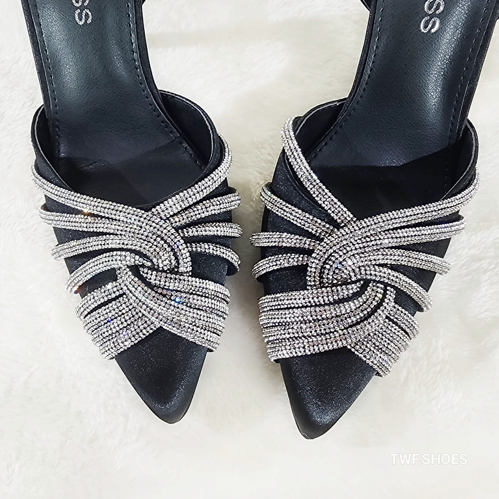 Other Elegance Slip on Slingback Black Satin Rhinestone Pointy Toe Size US 6.5 / IT 36.5 - 3 Thumbnail
