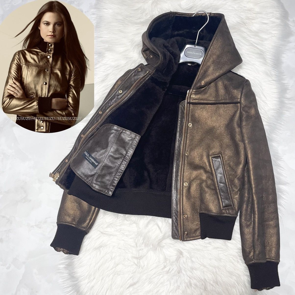 image of Dolce Gabbana Hooded Full Fur Lining Leather Jacket 38 in Brown Gold, Women's (Size XS)