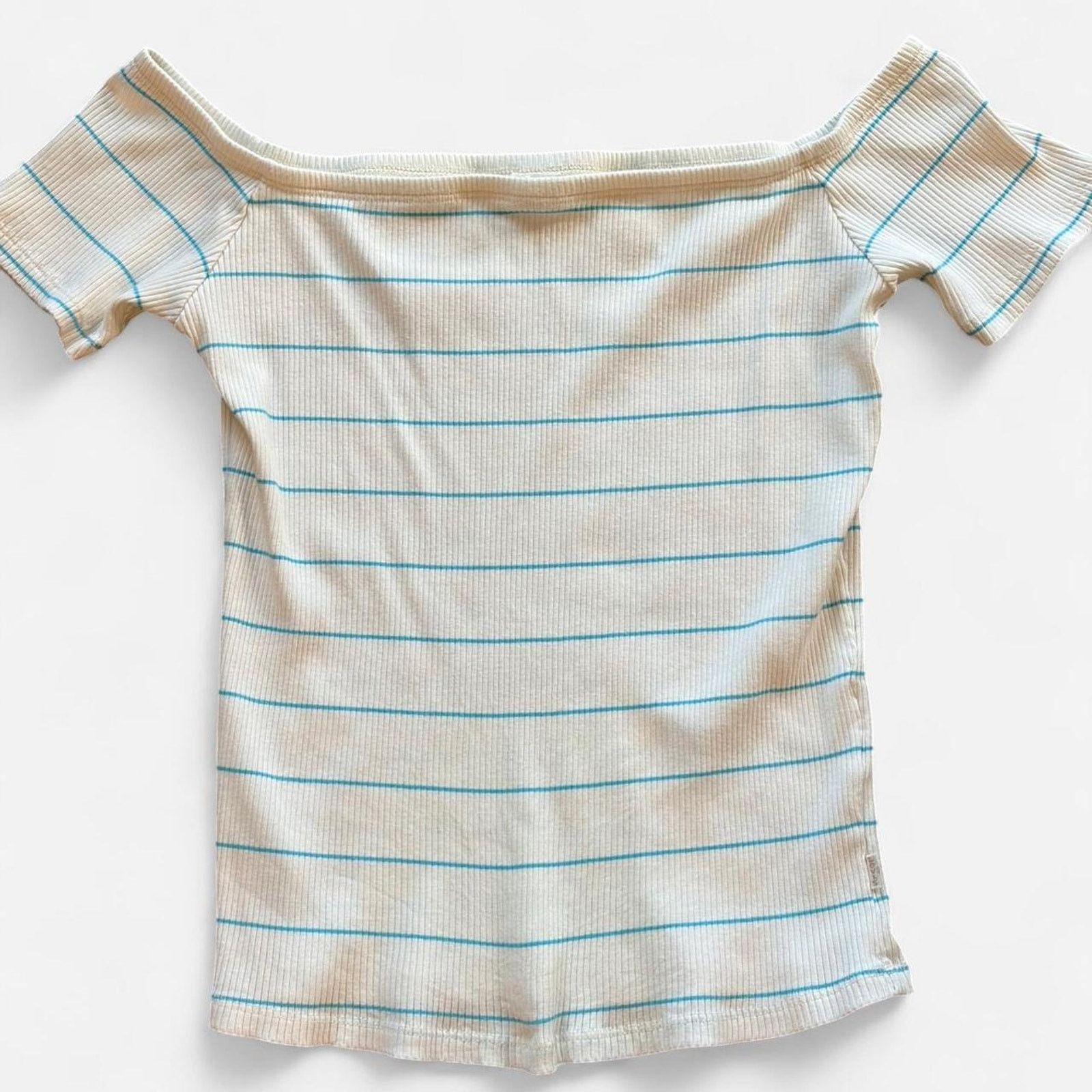 Levi's White & Blue Striped Levi's Off the Shoulder Top - Size: S Size S / US 4 / IT 40 - 1 Thumbnail