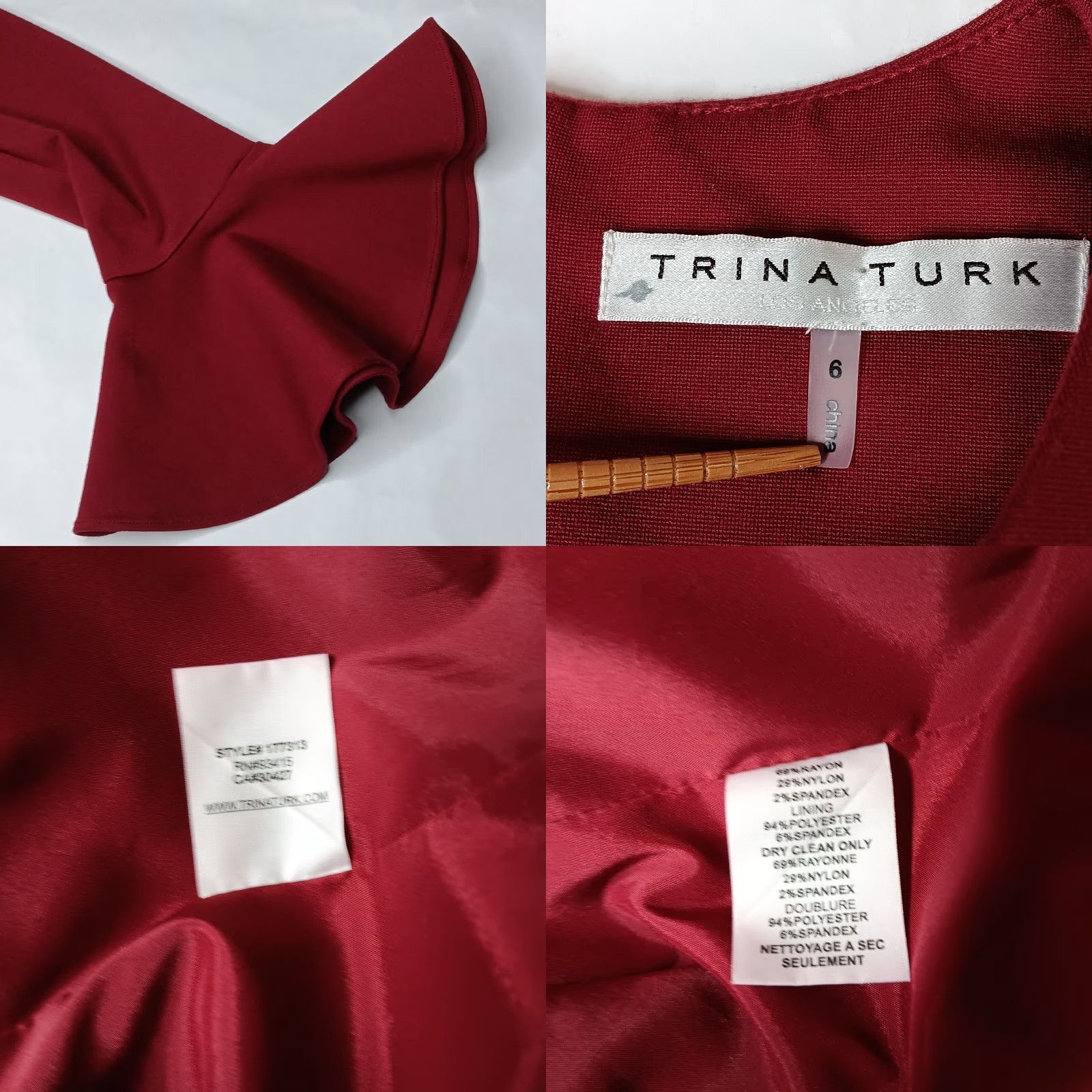 Trina Turk VINTAGE Trina Turk Dress Sheath Maroon Bell Sleeve Peplum Zipper Knee Length Women's Size 6, 33.5" Shoulder to Hem, Office/Party Event Size M / US 6-8 / IT 42-44 - 8 Thumbnail