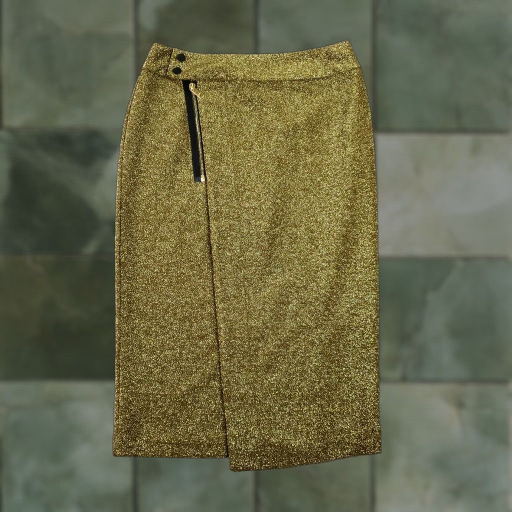 Scotch & Soda Scotch & Soda Lurex Pencil Skirt Womens Small Gold Metaliic Wrap Stretch Gold Polyester Spandex Glitter Knee Length Wrap Style Stretch Skirt Size 28" / US 6 / IT 42 - 1 Thumbnail