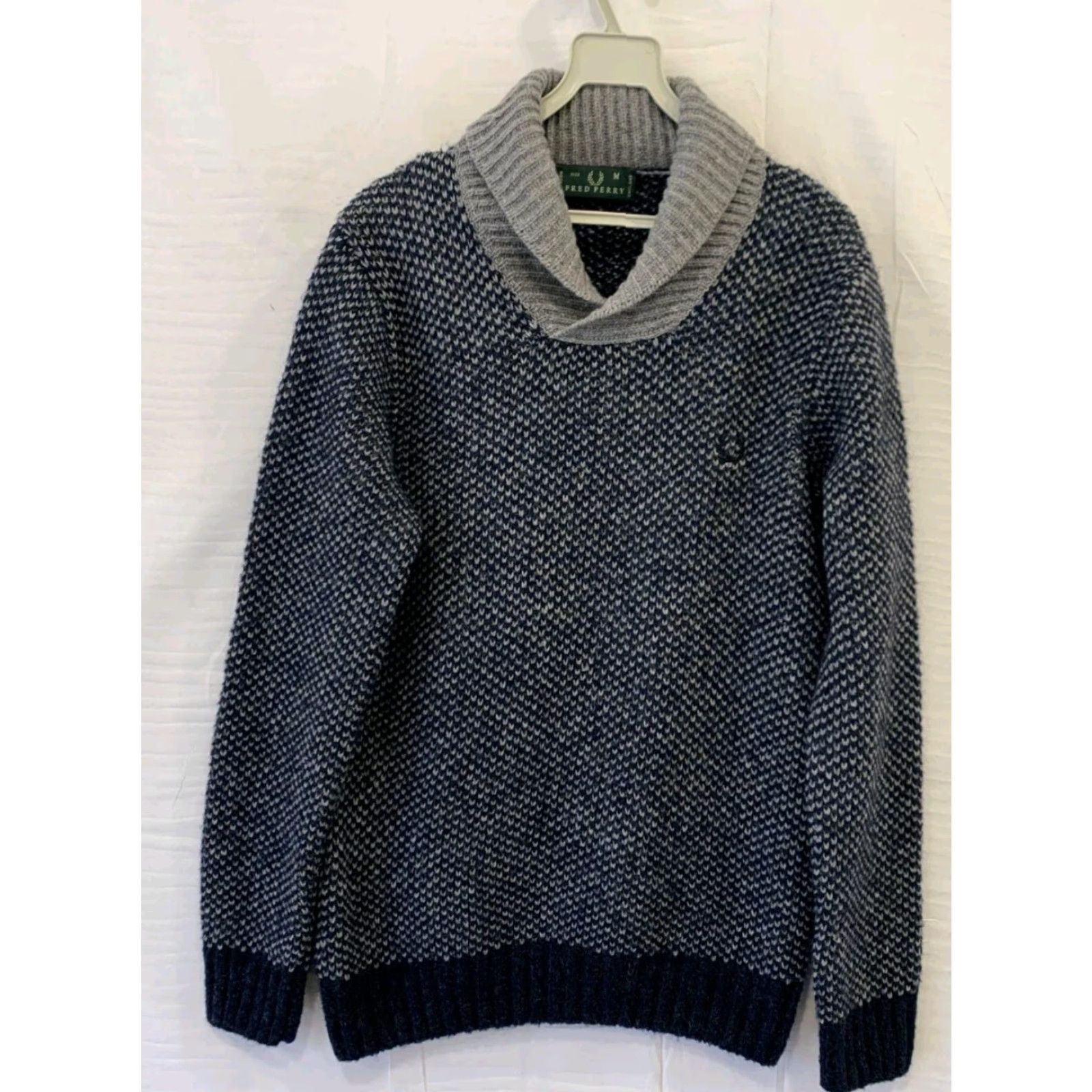 Fred Perry VINTAGE Fred Perry Shawl Collar Knit Sweater Mens M Blue Gray Textured Wool Blend #157 Size US M / EU 48-50 / 2 - 2 Thumbnail
