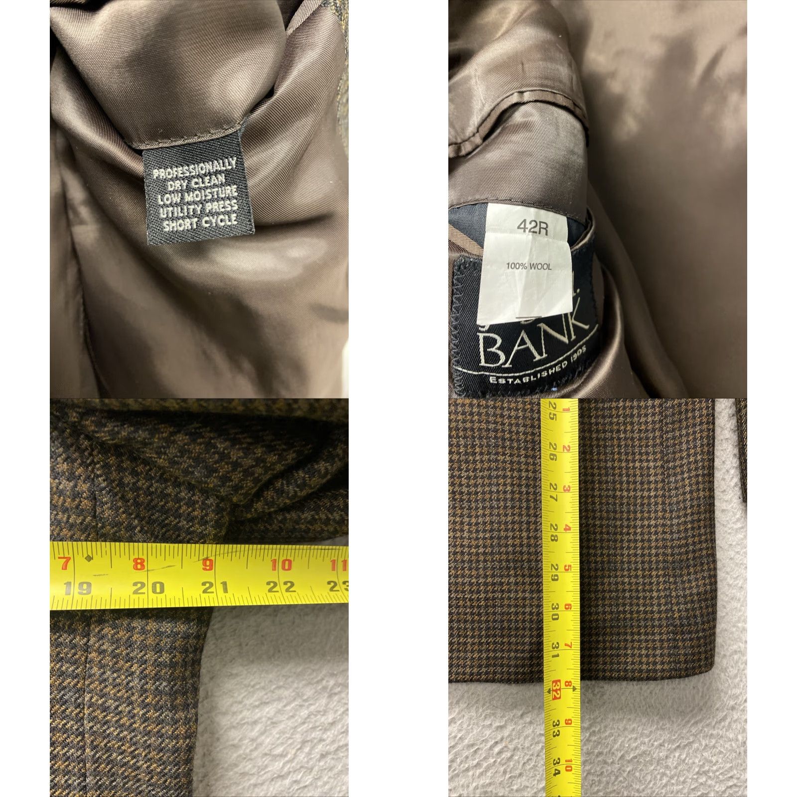 Vintage Jos A Bank Blazer Mens 42 Brown Houndstooth Wool - 100% Wool - Regular Fit - Notch Lapel - Single-Breasted 2-Button Size 42R - 8 Thumbnail