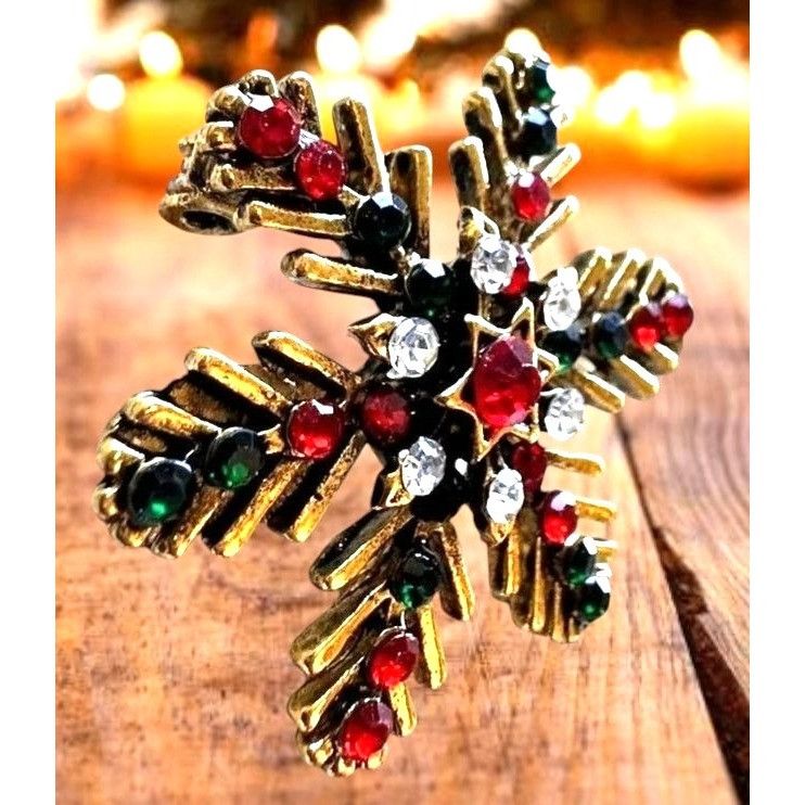 Handmade Christmas Snowflake Brooch Pin Star Red Green Crystal Accent Size ONE SIZE - 3 Thumbnail