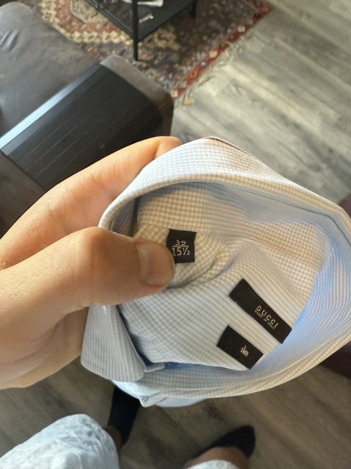 Gucci Light Blue Micro-Gingham Shirt with Striped Collar Size US M / EU 48-50 / 2 - 12 Thumbnail