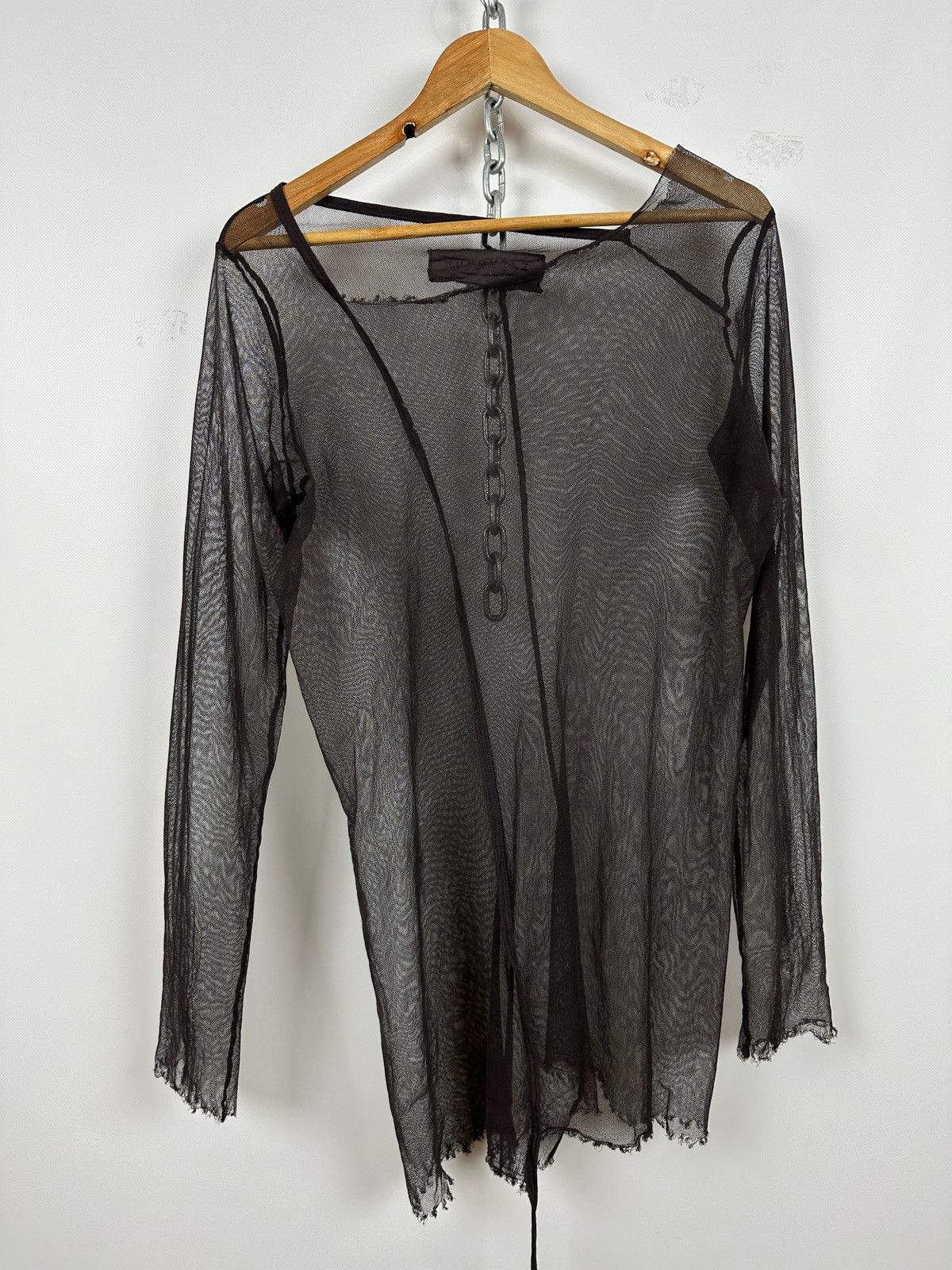 Rundholz Brown Asymmetrical Sheer Mesh Long Sleeve Top