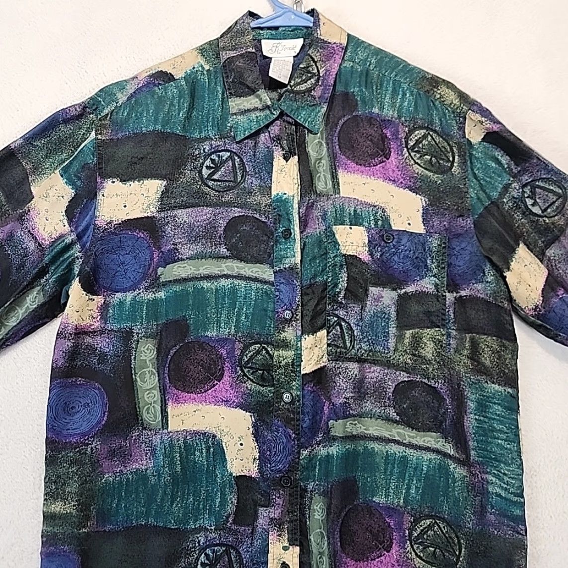 Vintage K. Arnold 100% Silk Women's M Blouse Purple Tan Graphic 80's Print Shoulder Pad Shirt Womens M Purple Tan Graphic 80s Silk Blouse Size M / US 6-8 / IT 42-44 - 4 Thumbnail