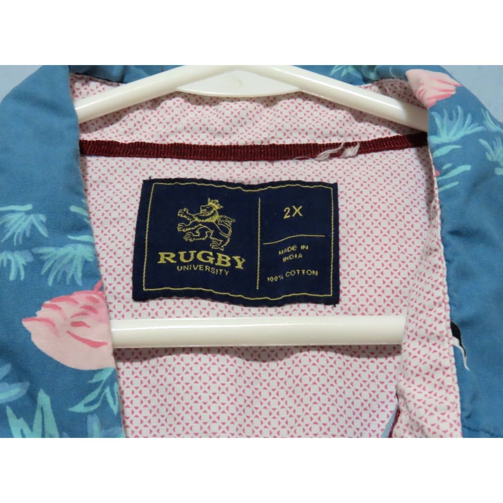 Vintage Rugby University Button-Up Shirt XL Adult Men Pink Flamingo Hawaiian Camp Casual Short Sleeve Blue 100% Cotton Button-Down Collar Size US XL / EU 56 / 4 - 5 Thumbnail