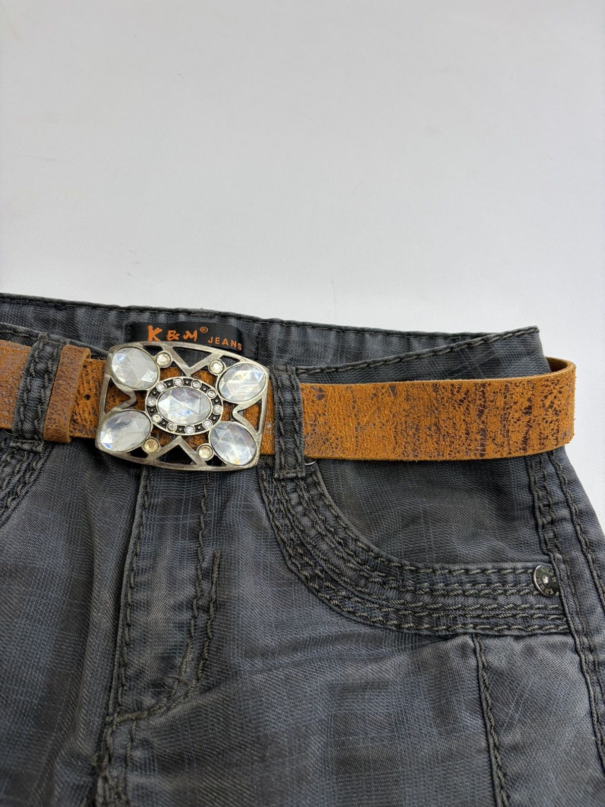 Hysteric Glamour Vintage Distressed Leather Crystal Belt Y2K Rockstar Grunge Size 32 - 3 Thumbnail