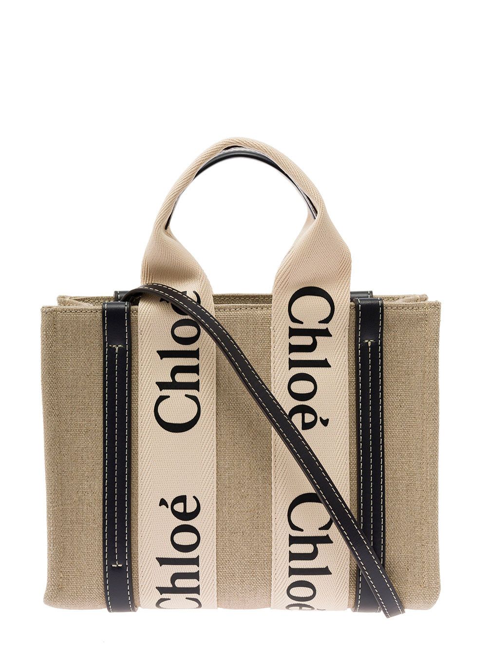 Chloe Beige 'Woody' HandBag with Shoulder Strap and Ribbon in Leather and Linen for Women Size ONE SIZE - 1 Thumbnail