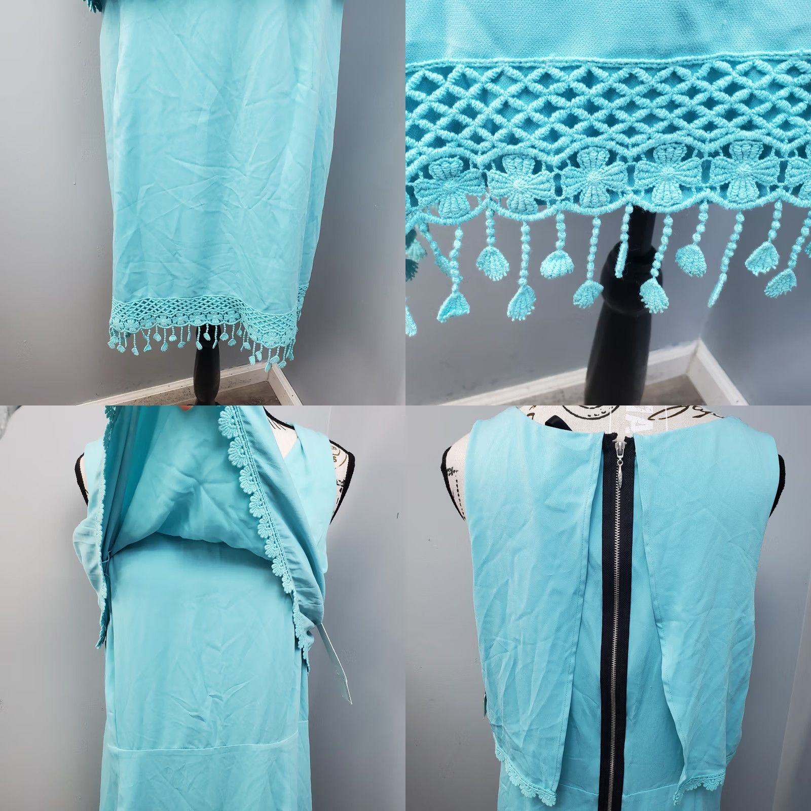 Vintage Kensie Womens Blue Sleeveless Round Neck Fringed Lace Trim Sheath Dress L (Long) - XS? Size L / US 10 / IT 46 - 8 Thumbnail