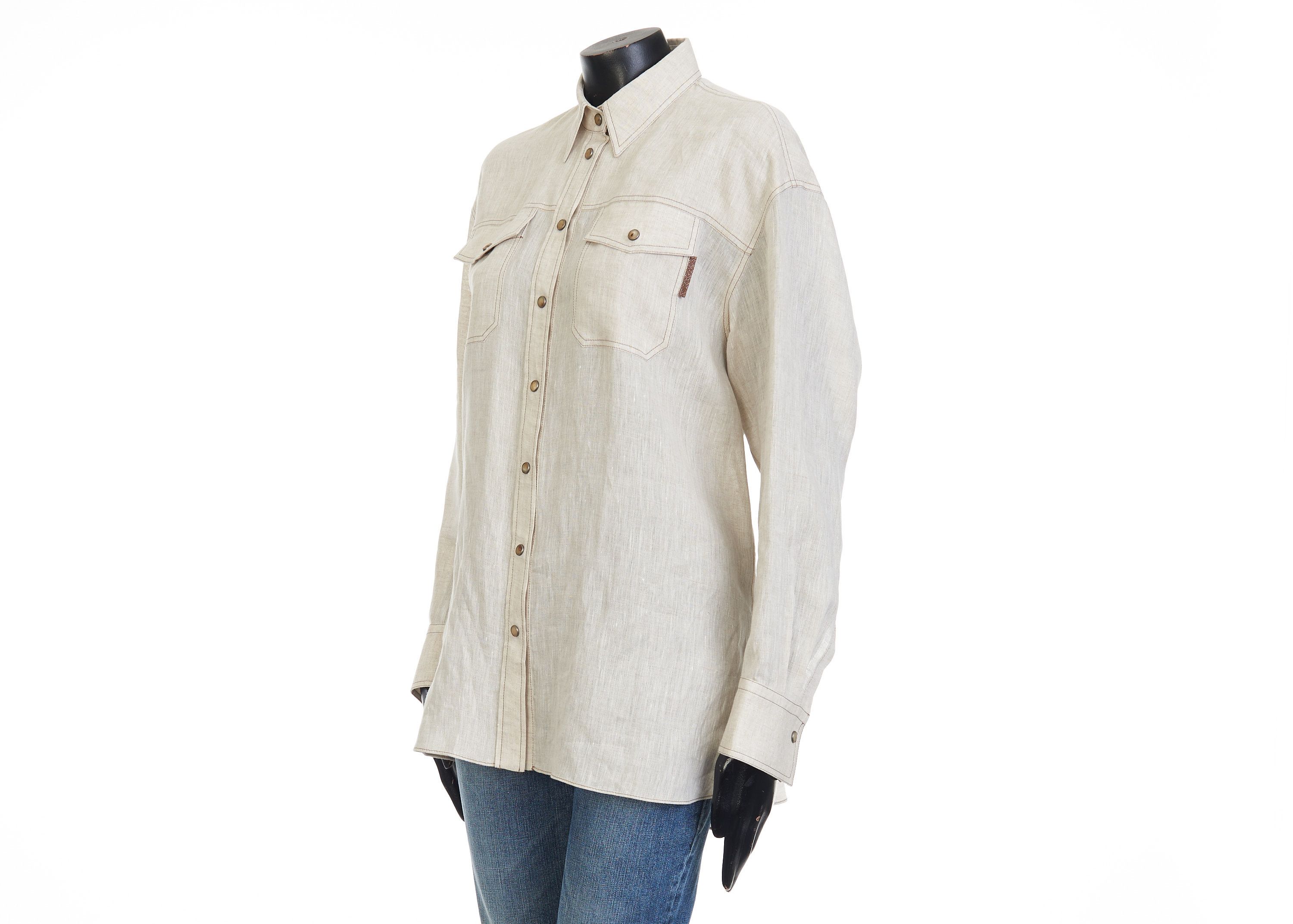 Brunello Cucinelli Lightweight Linen Shirt With Snap Buttons & Shiny Tab Size S / US 4 / IT 40 - 2 Thumbnail