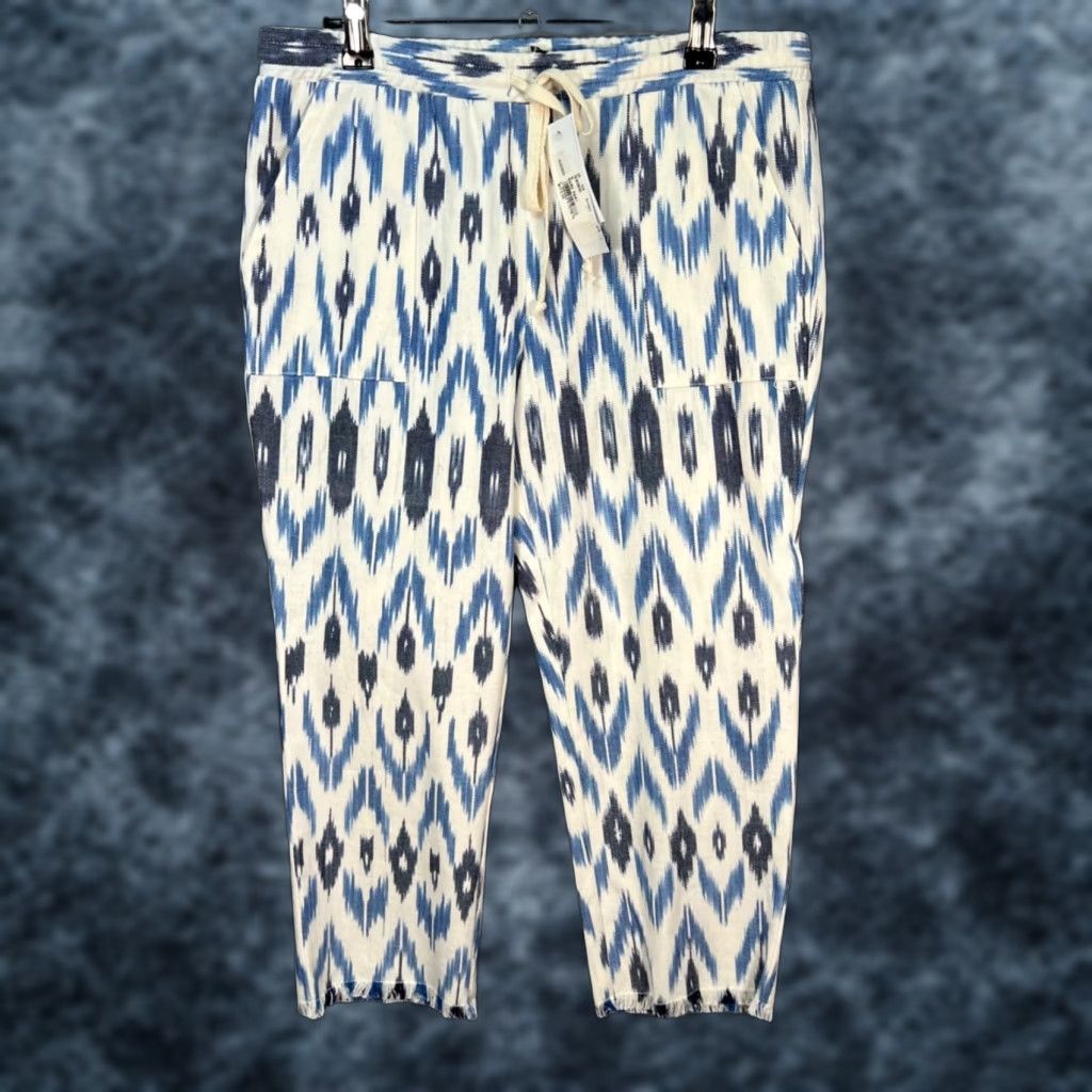 Drew Drew Womens Size Small Blue White Ikat Print Cotton Cropped Straight Pants NEW! Size 28" / US 6 / IT 42 - 1 Thumbnail