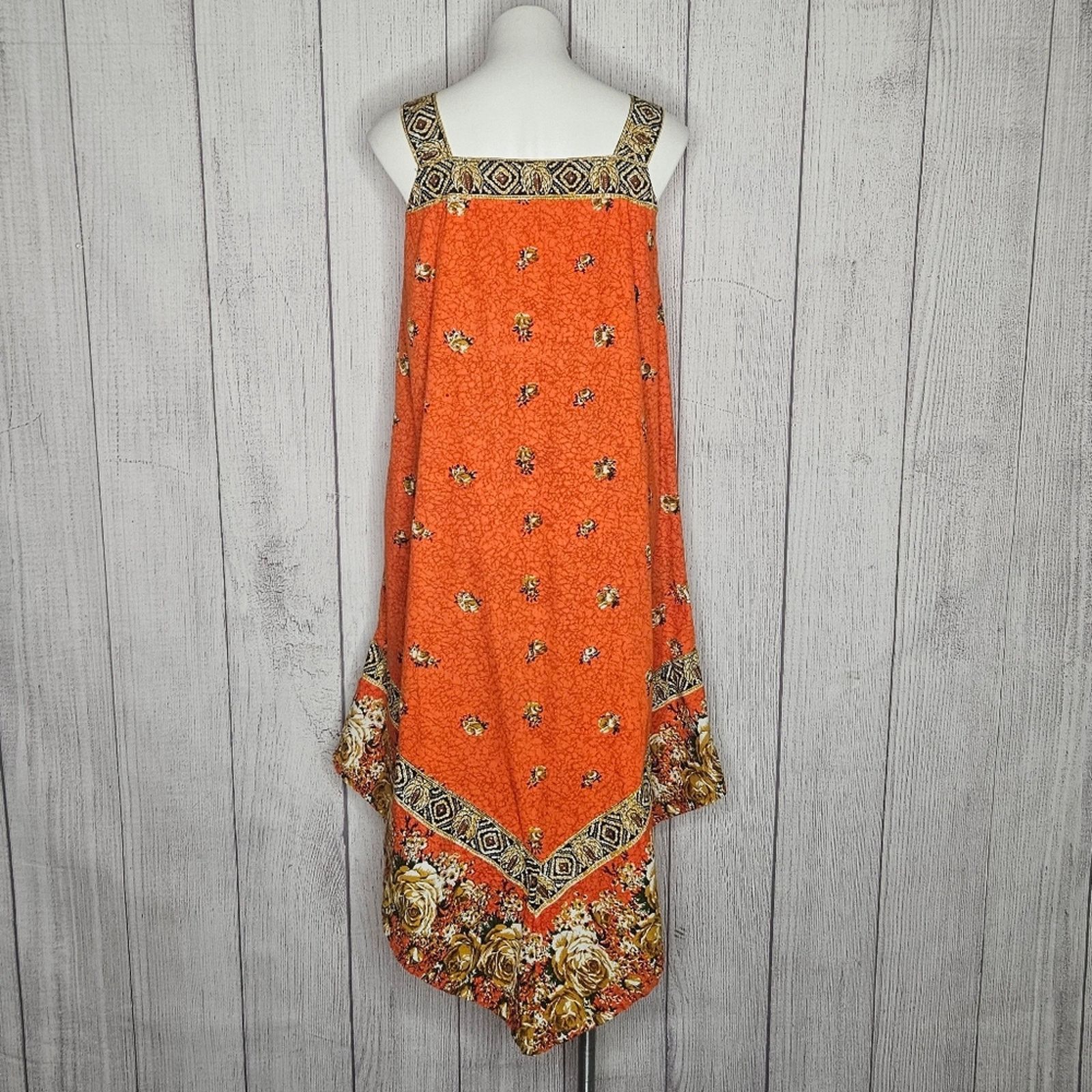 Vintage VTG 70s Orange Floral Groovy Assymetrical Hem Tent Dress Size S / US 4 / IT 40 - 3 Thumbnail