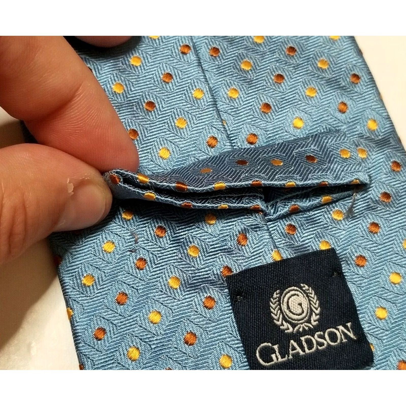 Vintage Gladson Silk Tie Geometric Pattern Blue 3.75" Tie 57.75" Length Men’s Italy 100% Silk Necktie Size ONE SIZE - 4 Thumbnail