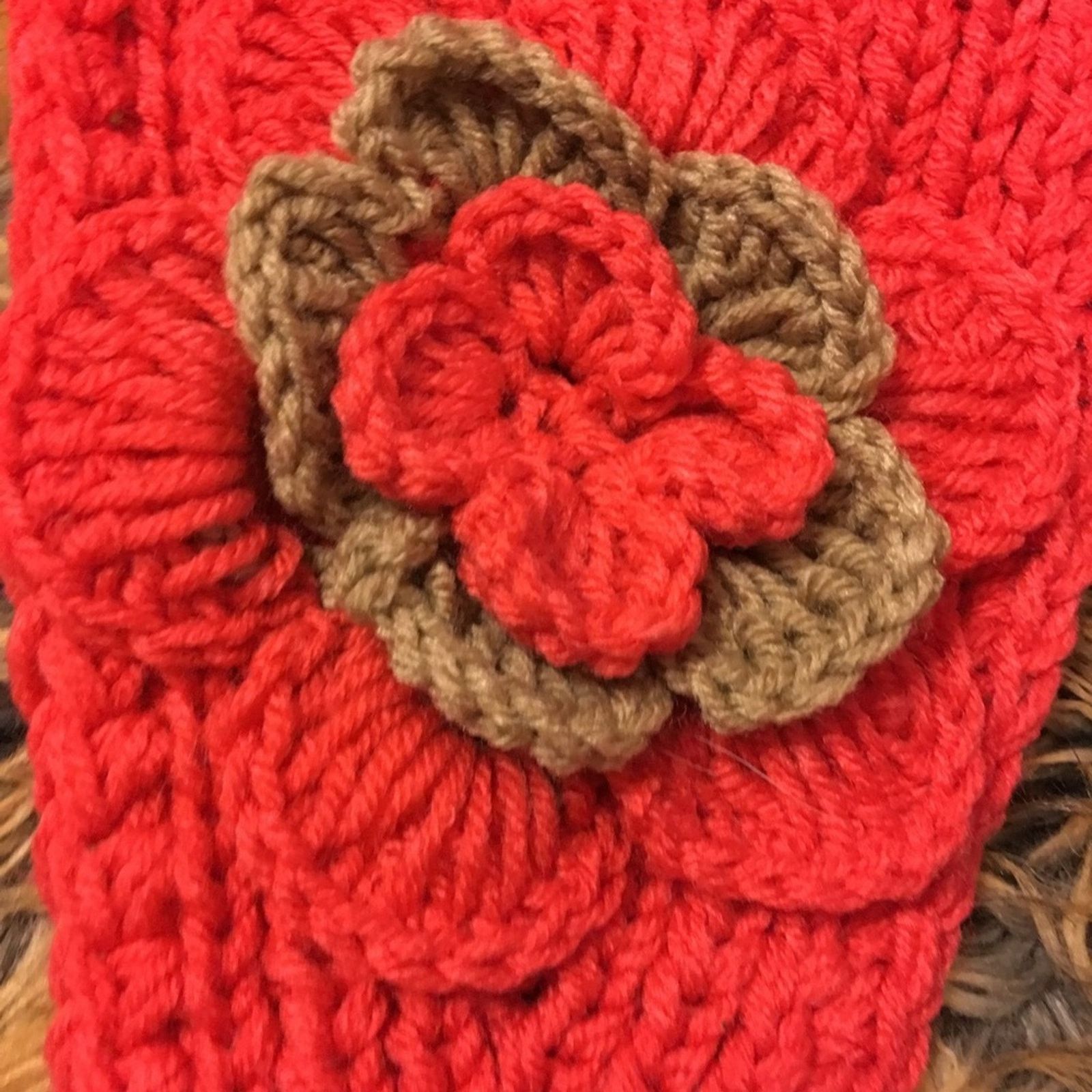 Handmade Knitted ear warmer head wrap orange and beige button close Size ONE SIZE - 3 Thumbnail