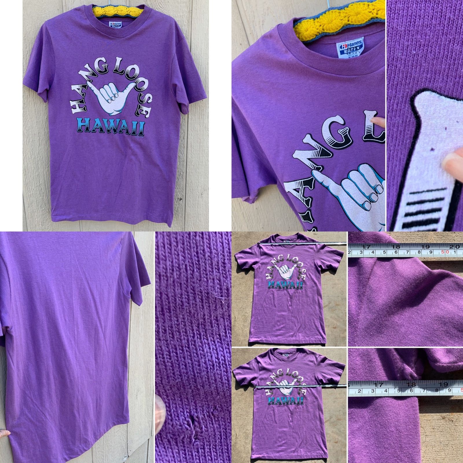 Hanes Vintage Hang Loose Hawaii T-Shirt Single Stitch Made In USA M 38-40 Mens Graphic Tee Hawaii Purple Cotton 1980s Hanes Regular US Vintage Iron-on? Size US M / EU 48-50 / 2 - 8 Thumbnail