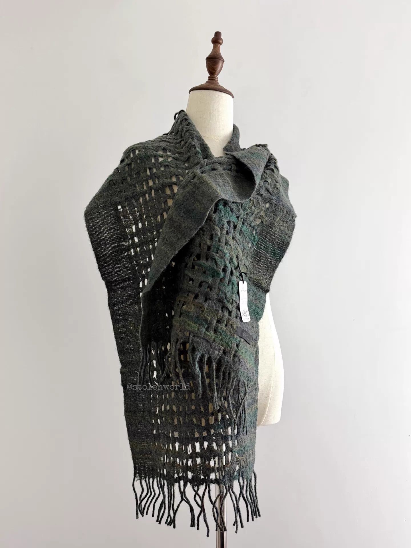 Romeo Gigli Romeo Gigli Moss Green Open Knit Tassel Wool Scarf Size ONE SIZE - 6 Thumbnail