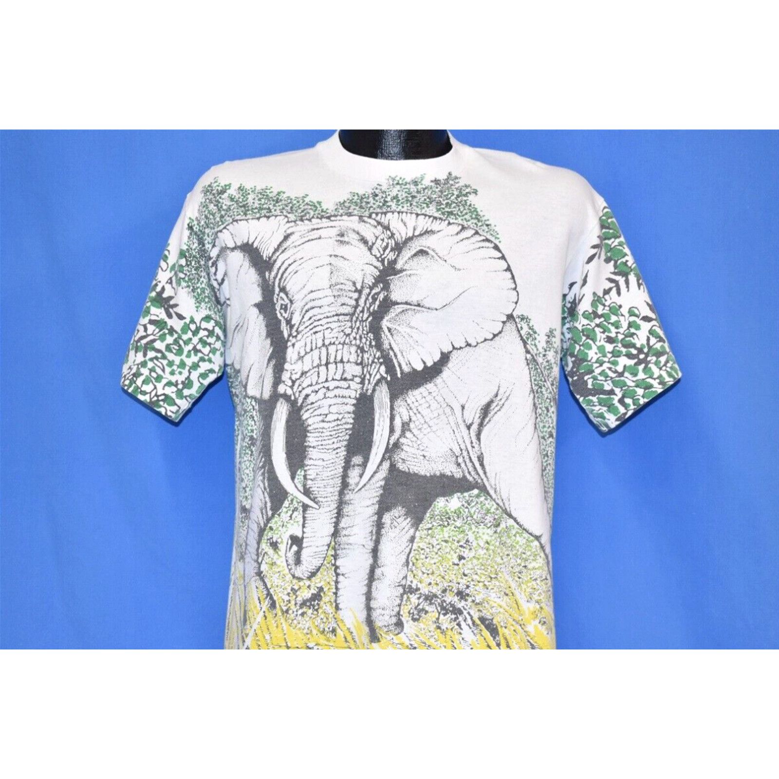 image of Fruit Of The Loom VTG 90's Elephant All Over Print Animal Wildlife Nature White Cotton T-Shirt M (S
