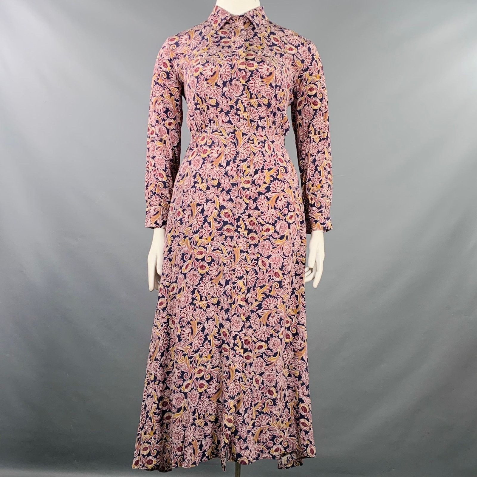 Max Mara Size 12 Navy Burgundy Silk Abstract Floral Long Shirt Dress Size L / US 10 / IT 46 - 1 Thumbnail