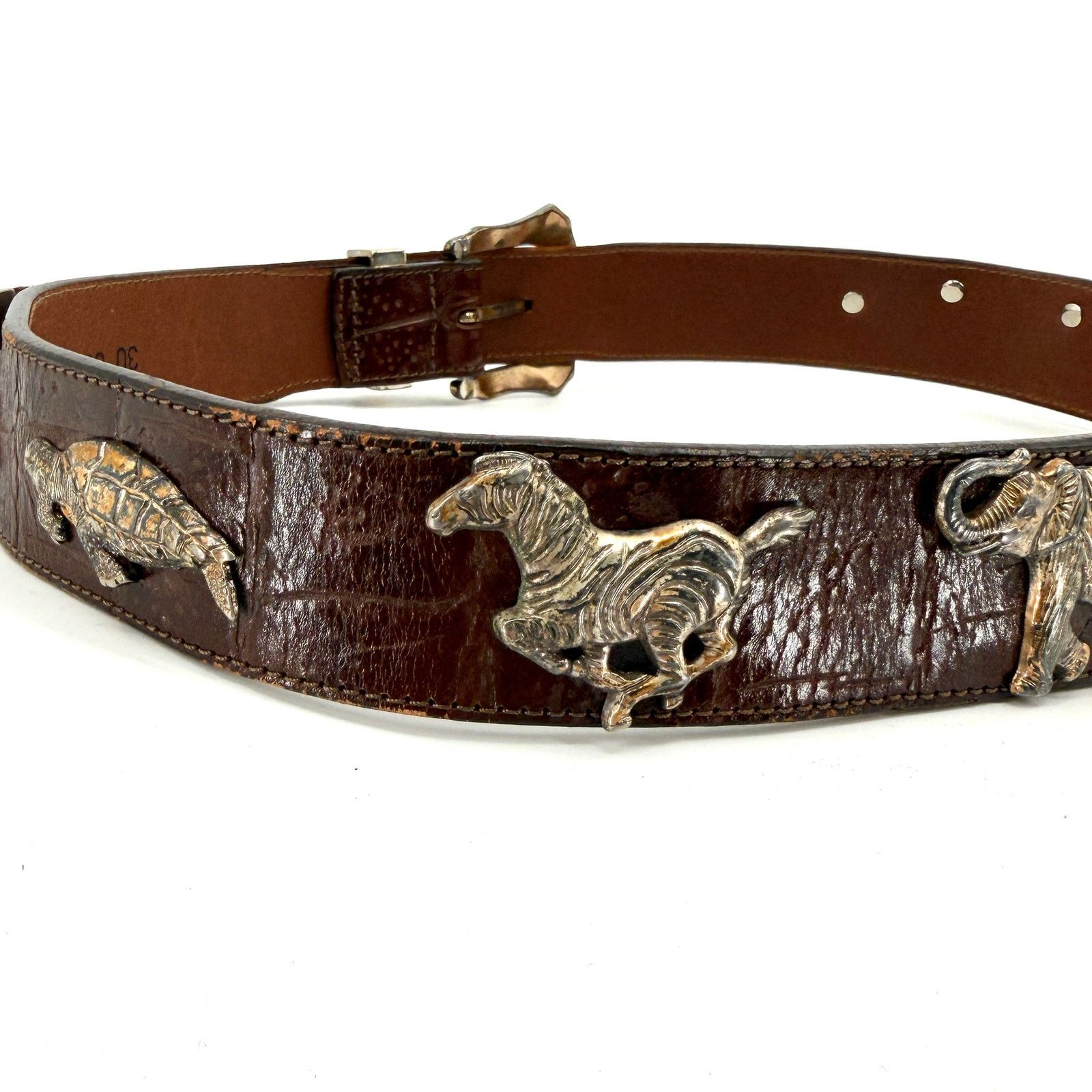 90s Brown Croc Embossed Leather Wildlife Medallion Belt