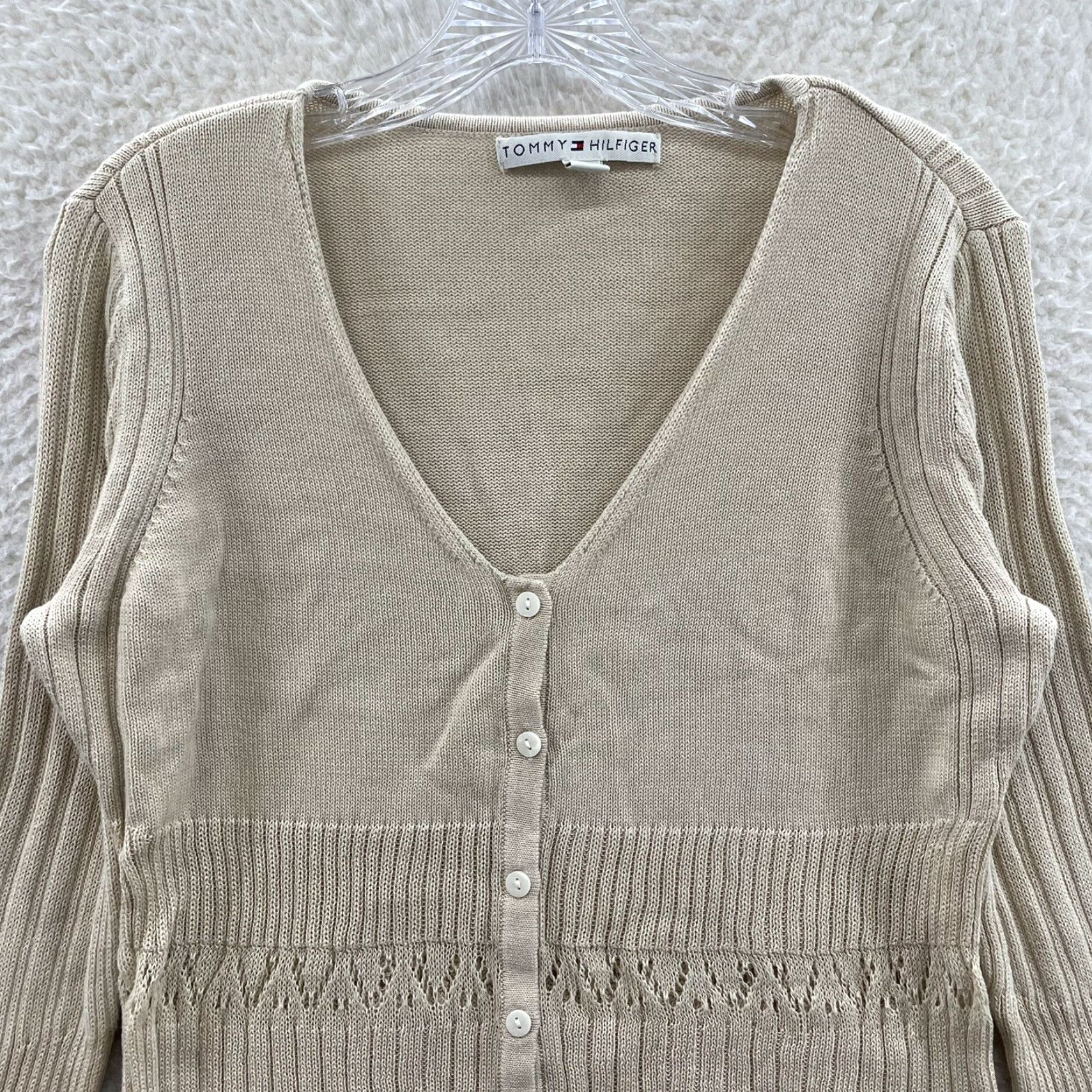 Tommy Hilfiger VINTAGE Tommy Hilfiger Cardigan Sweater XL Beige Knit Grunge Boho Fairy Y2K Size XL / US 12-14 / IT 48-50 - 3 Thumbnail