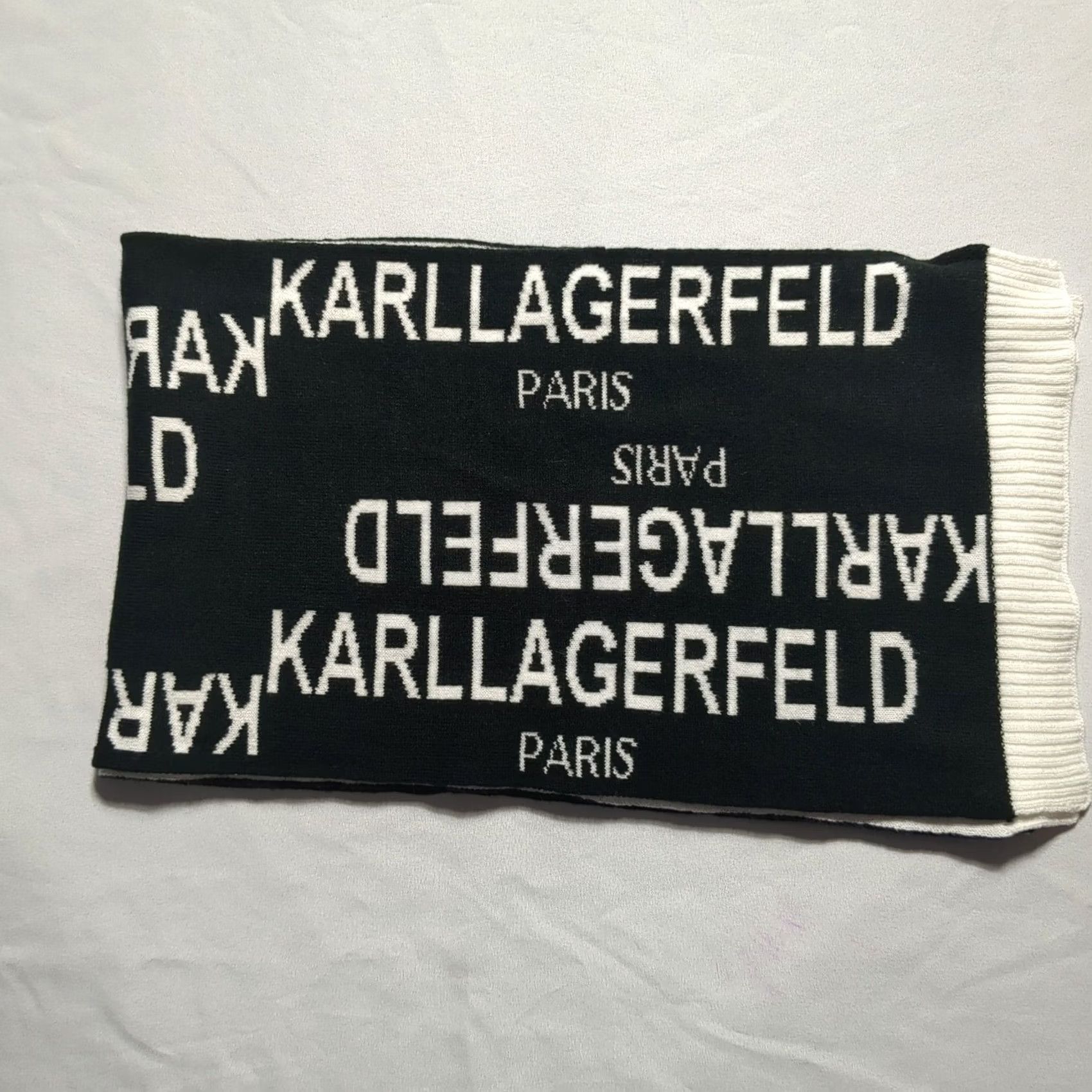 Karl Lagerfeld Karl Lagerfeld Paris Scarf Black White Logo Knit Acrylic Reversible 70x10 EUC Size ONE SIZE - 7 Thumbnail