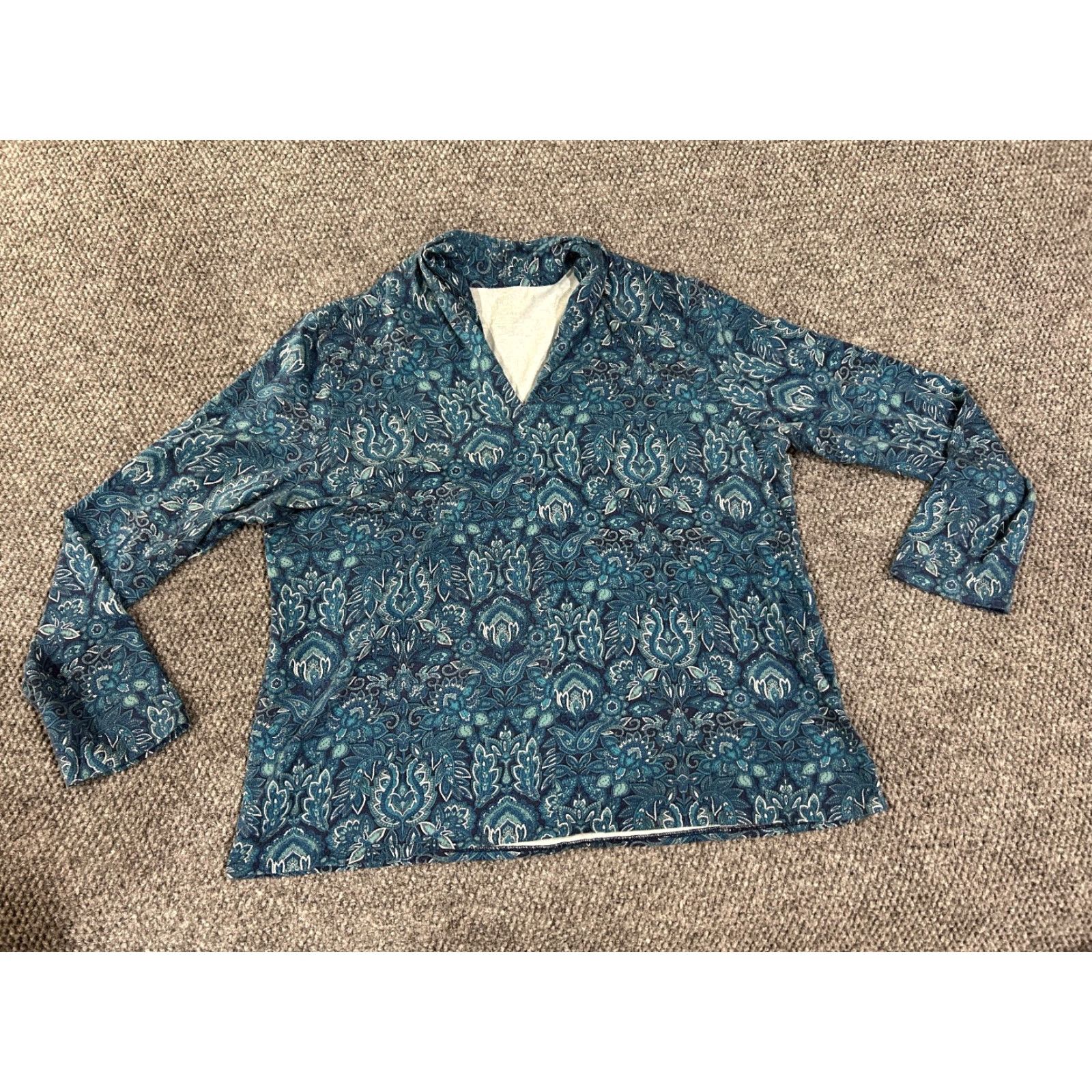 Talbots Talbots Blouse Womens 2X Blue Paisley V-Neck Stretch Casual Long Sleeve Cotton Modal Spandex Down-Blend Regular Size XXL / US 16-18 / IT 52-54 - 2 Thumbnail