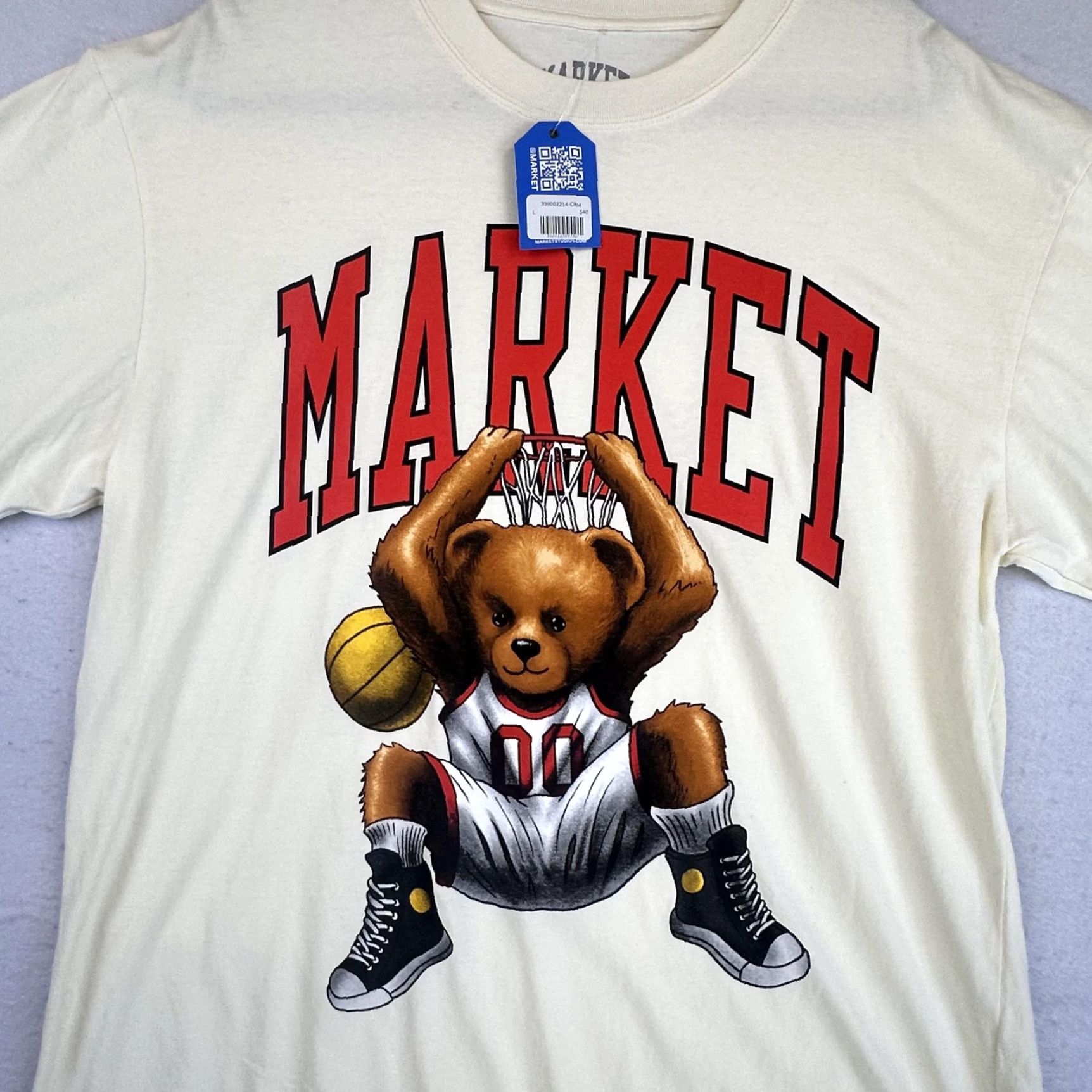 Market Market Shirt Mens Large Ivory Basketball Graphic Tee 100% Cotton Teddy Bear Streetwear Sports Animals Crew Neck Short Sleeve Size US L / EU 52-54 / 3 - 4 Thumbnail